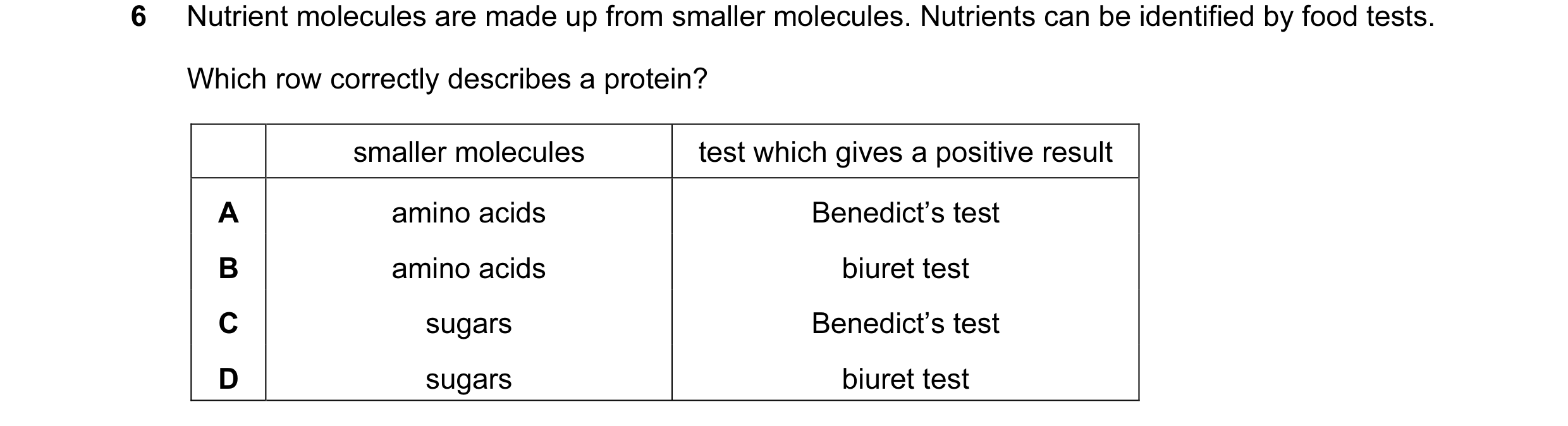 Question 23: Nutrient molecules are made up from smaller molecules. Nutrients can be identified by food tests. Which row correctly describes a protein? …