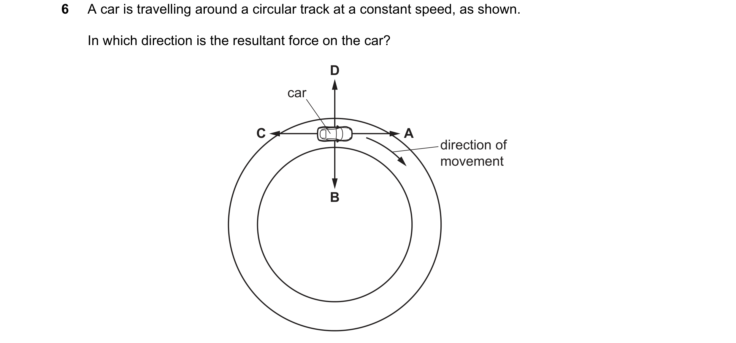 Question 76: A car is travelling around a circular track at a constant speed, as shown. In which direction is the resultant force on the car? D car C A …