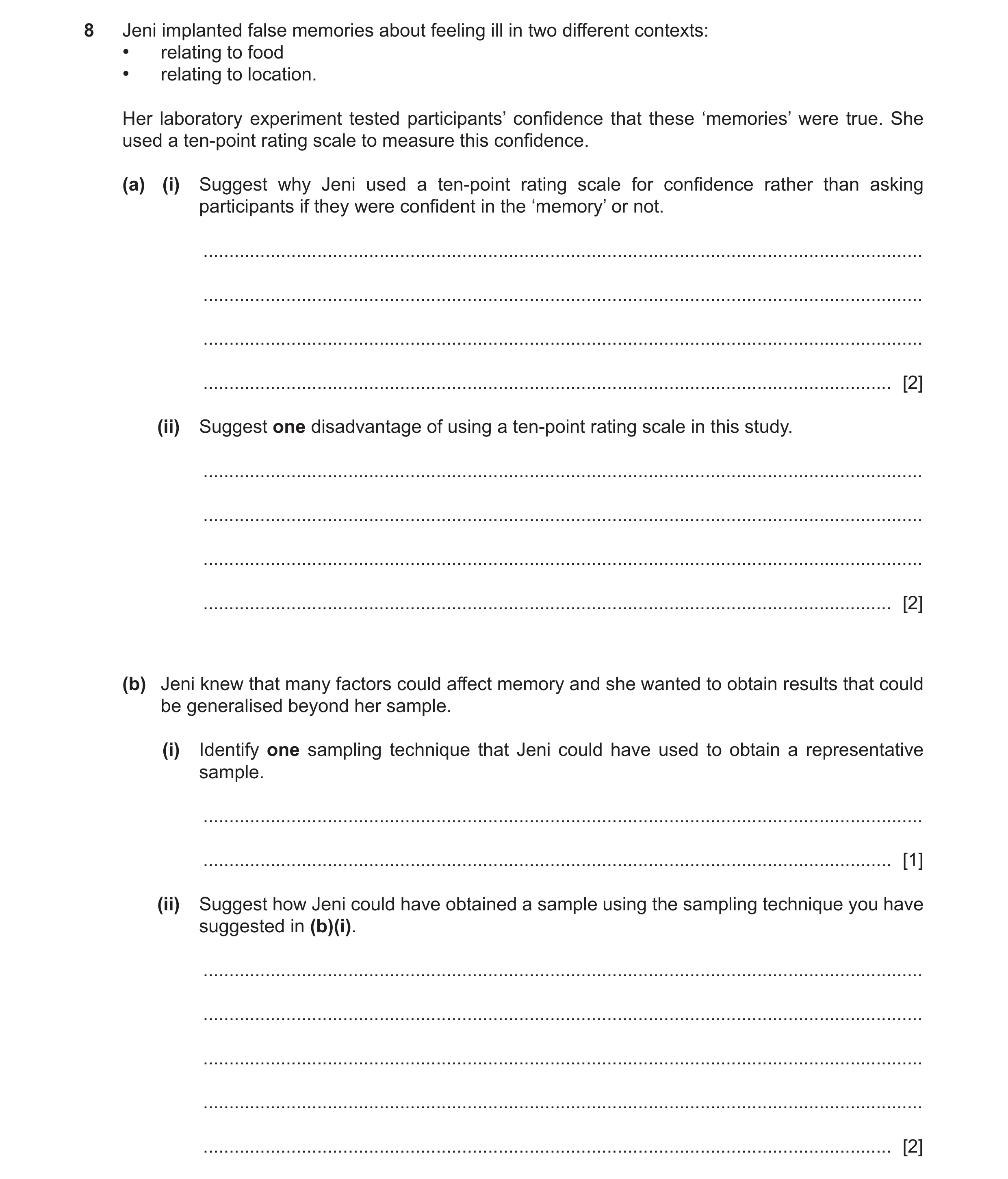 Question 178: Jeni implanted false memories about feeling ill in two different contexts: • relating to food • relating to location. Her laboratory experi…