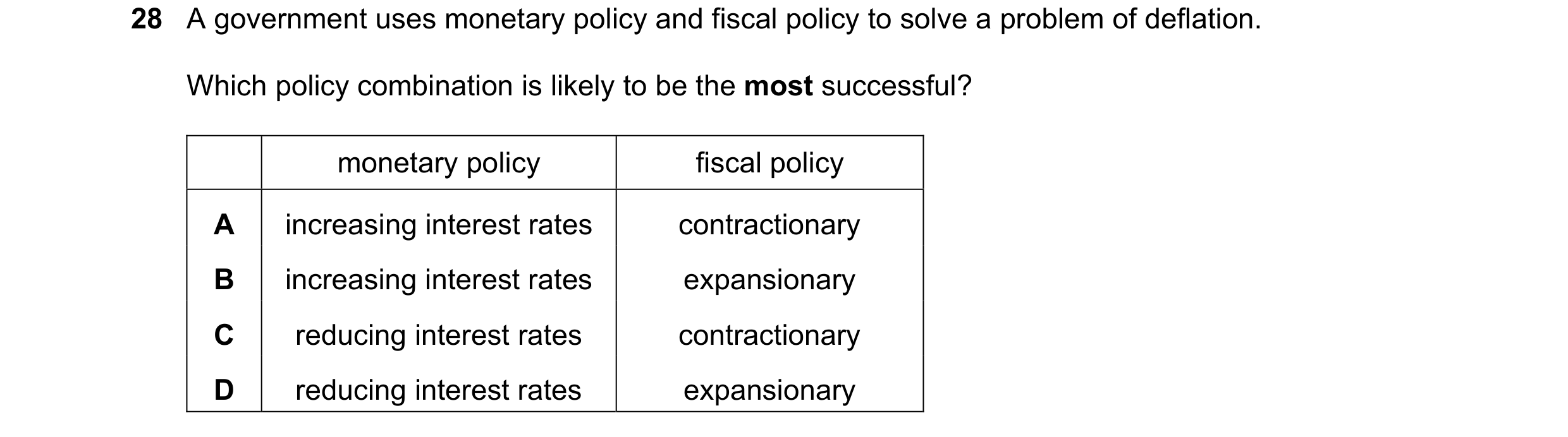 Question 55: A government uses monetary policy and fiscal policy to solve a problem of deflation. Which policy combination is likely to be the most succ…