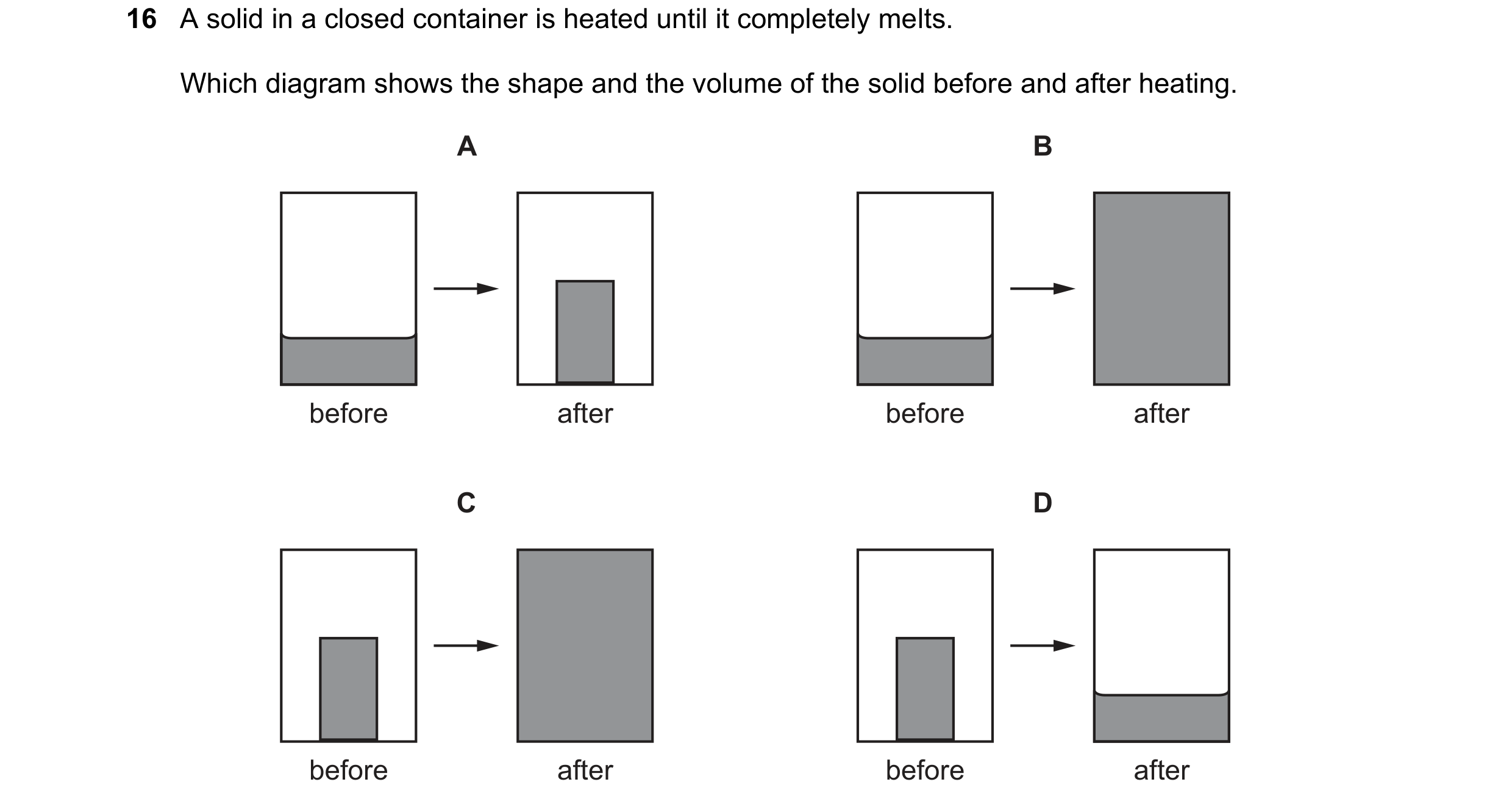 Question 231: A solid in a closed container is heated until it completely melts. Which diagram shows the shape and the volume of the solid before and aft…