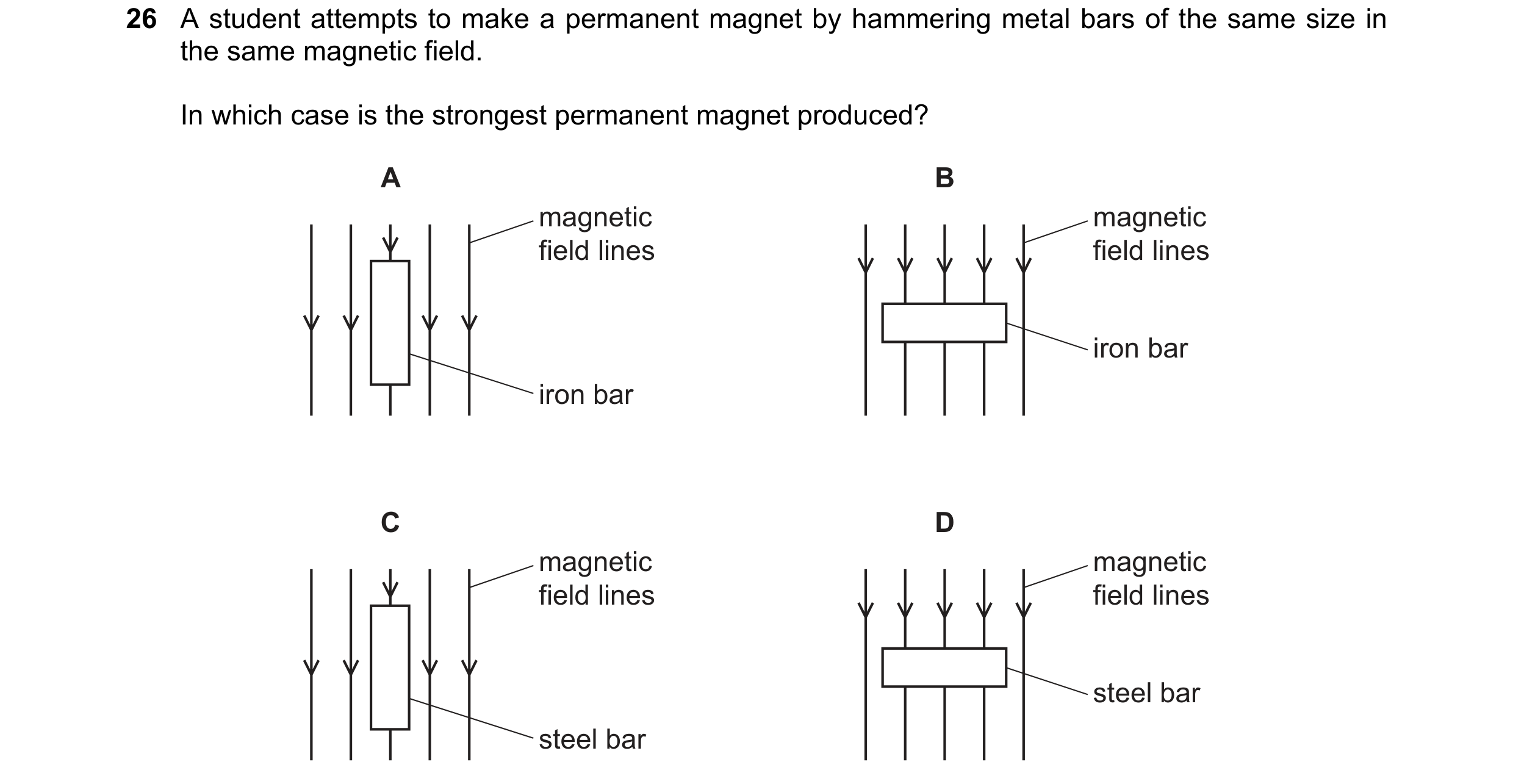 Question 187: A student attempts to make a permanent magnet by hammering metal bars of the same size in the same magnetic field. In which case is the str…