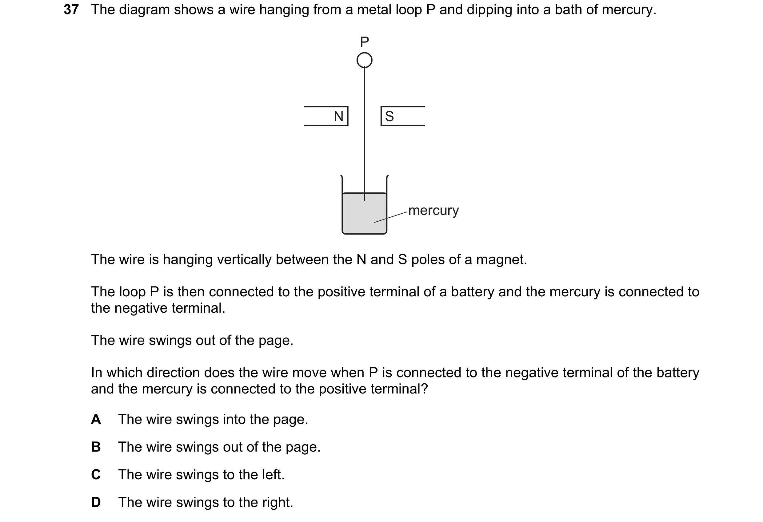 Question 240: The diagram shows a wire hanging from a metal loop P and dipping into a bath of mercury. P N S mercury The wire is hanging vertically betwe…