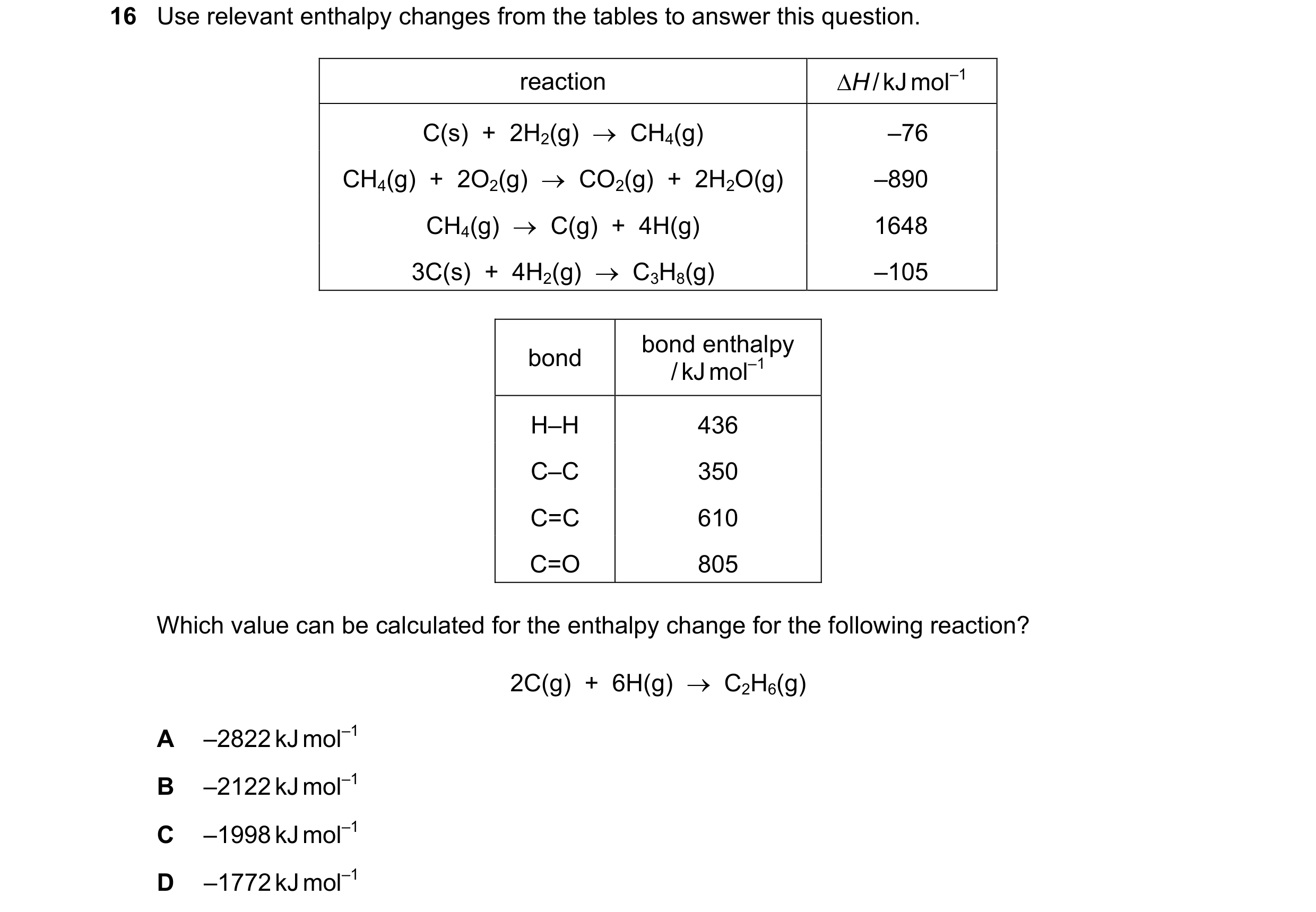 Question 189: Use relevant enthalpy changes from the tables to answer this question. reaction H / kJ mol–1 C(s)  +  2H2(g)    CH4(g) –76 CH4(g)  +  2O2…