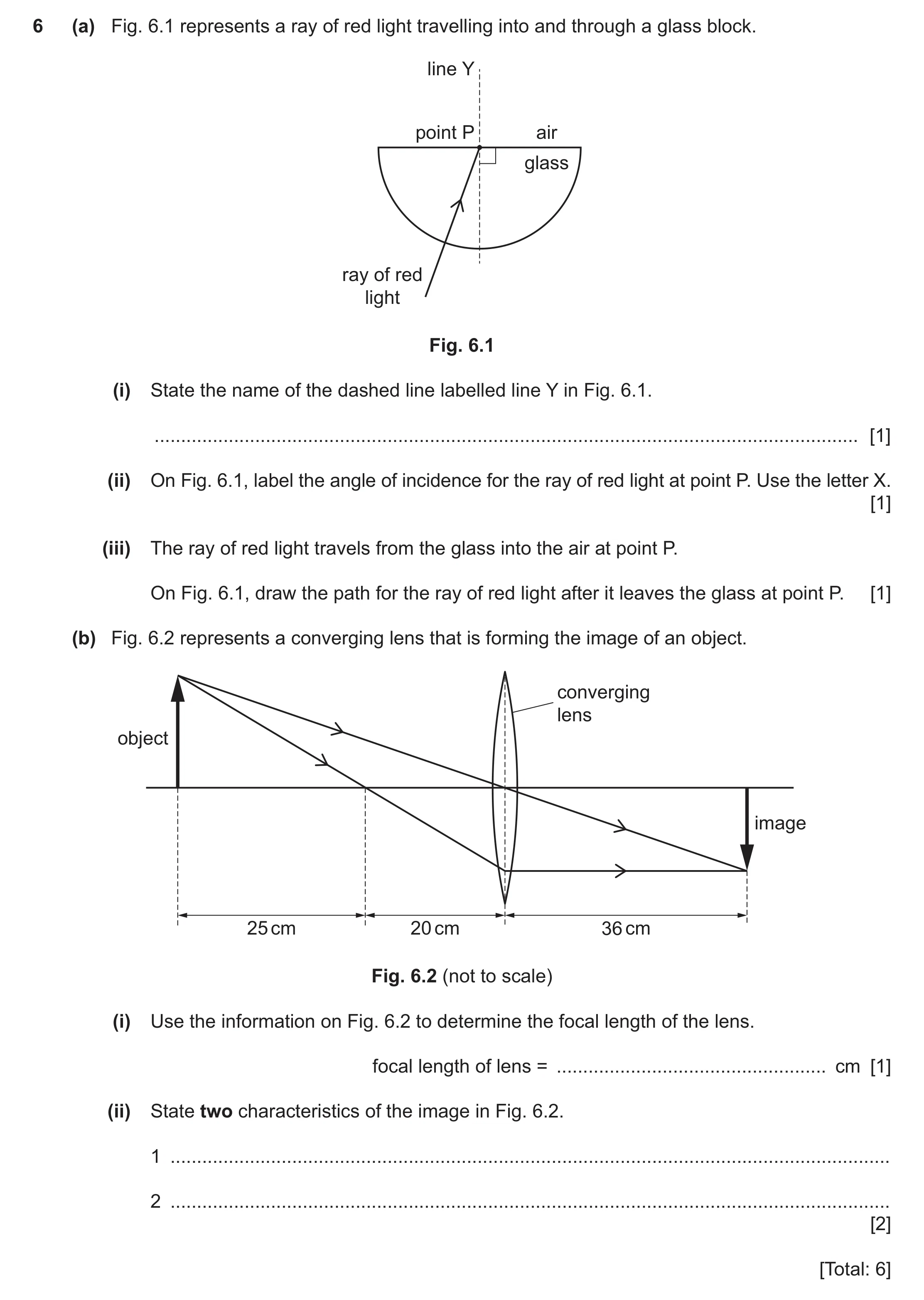 Question 49: (a) Fig. 6.1 represents a ray of red light travelling into and through a glass block. line Y point P air glass ray of red light Fig. 6.1 (i…