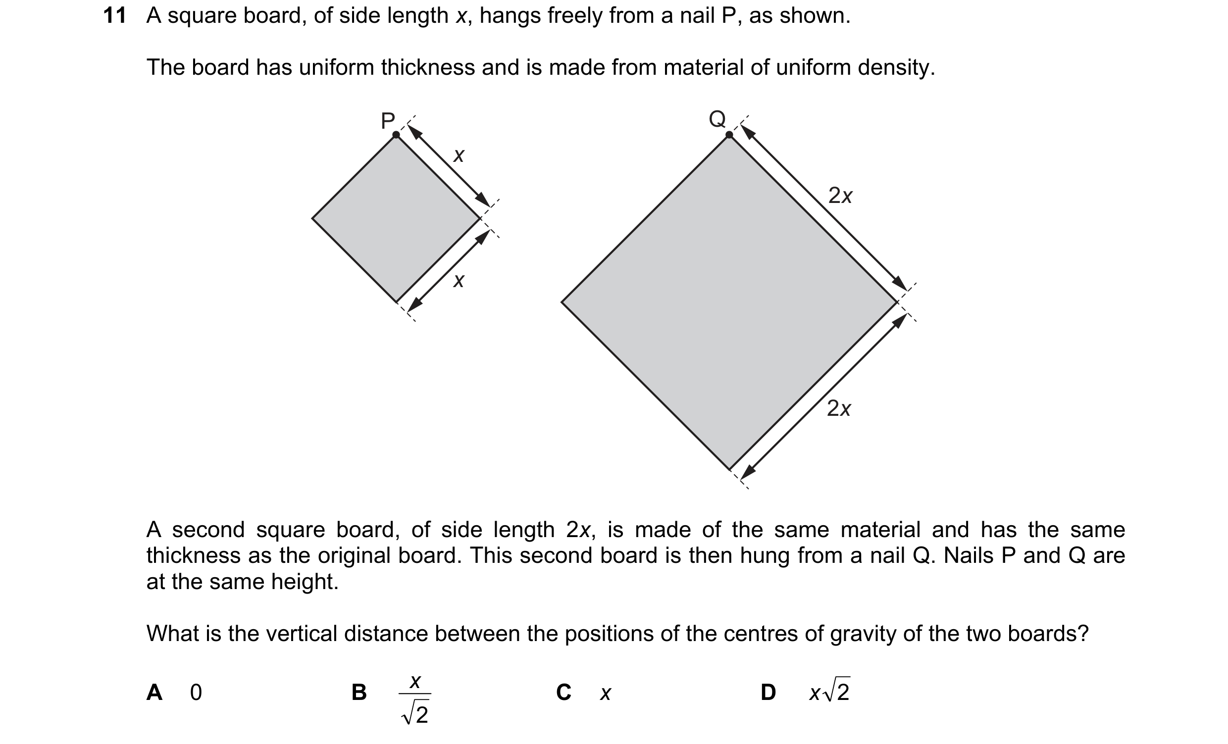 Question 113: A square board, of side length x, hangs freely from a nail P, as shown. The board has uniform thickness and is made from material of unifor…