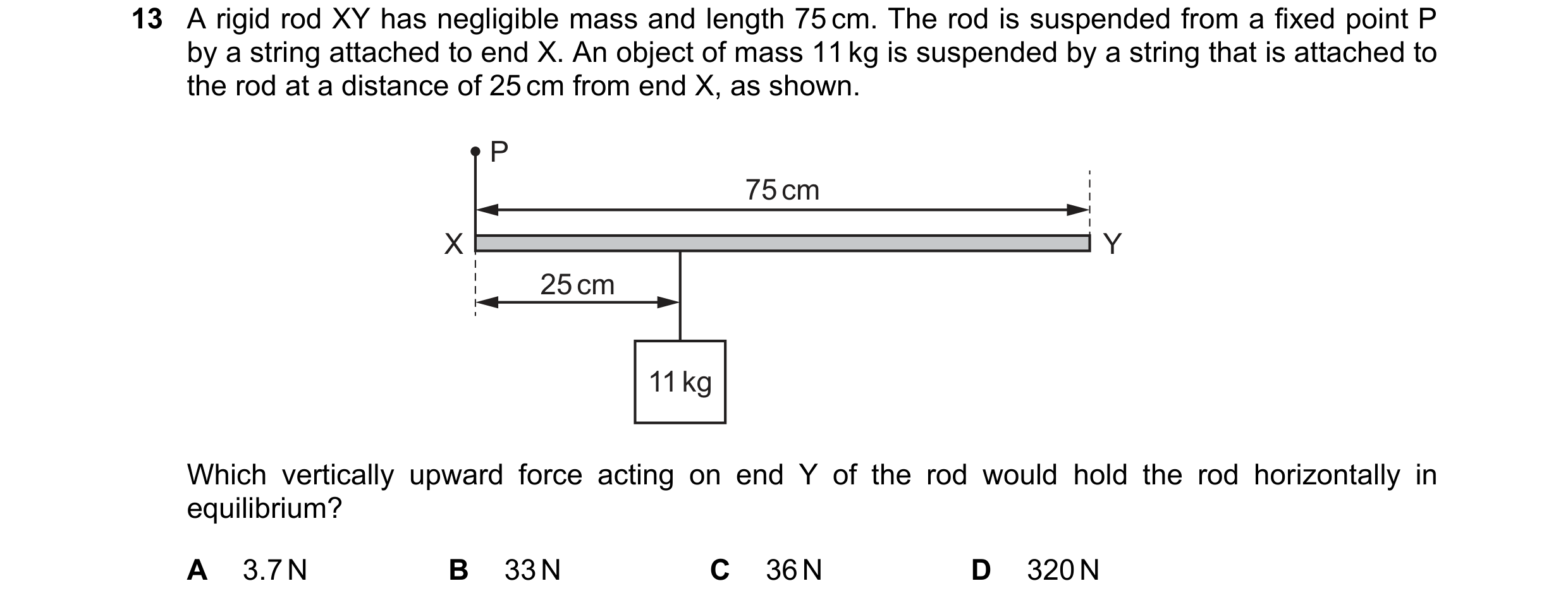 Question 114: A rigid rod XY has negligible mass and length 75 cm. The rod is suspended from a fixed point P by a string attached to end X. An object of …
