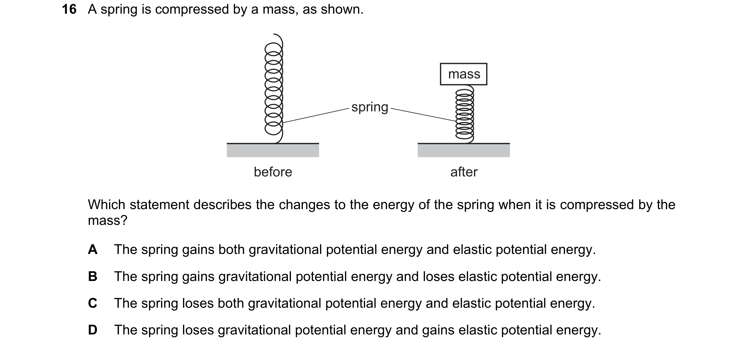 Question 133: A spring is compressed by a mass, as shown. mass spring before after Which statement describes the changes to the energy of the spring when…