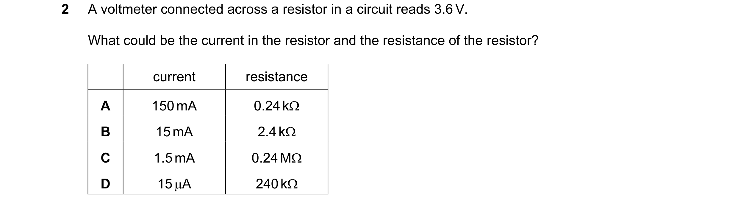 Question 143: A voltmeter connected across a resistor in a circuit reads 3.6 V. What could be the current in the resistor and the resistance of the resis…