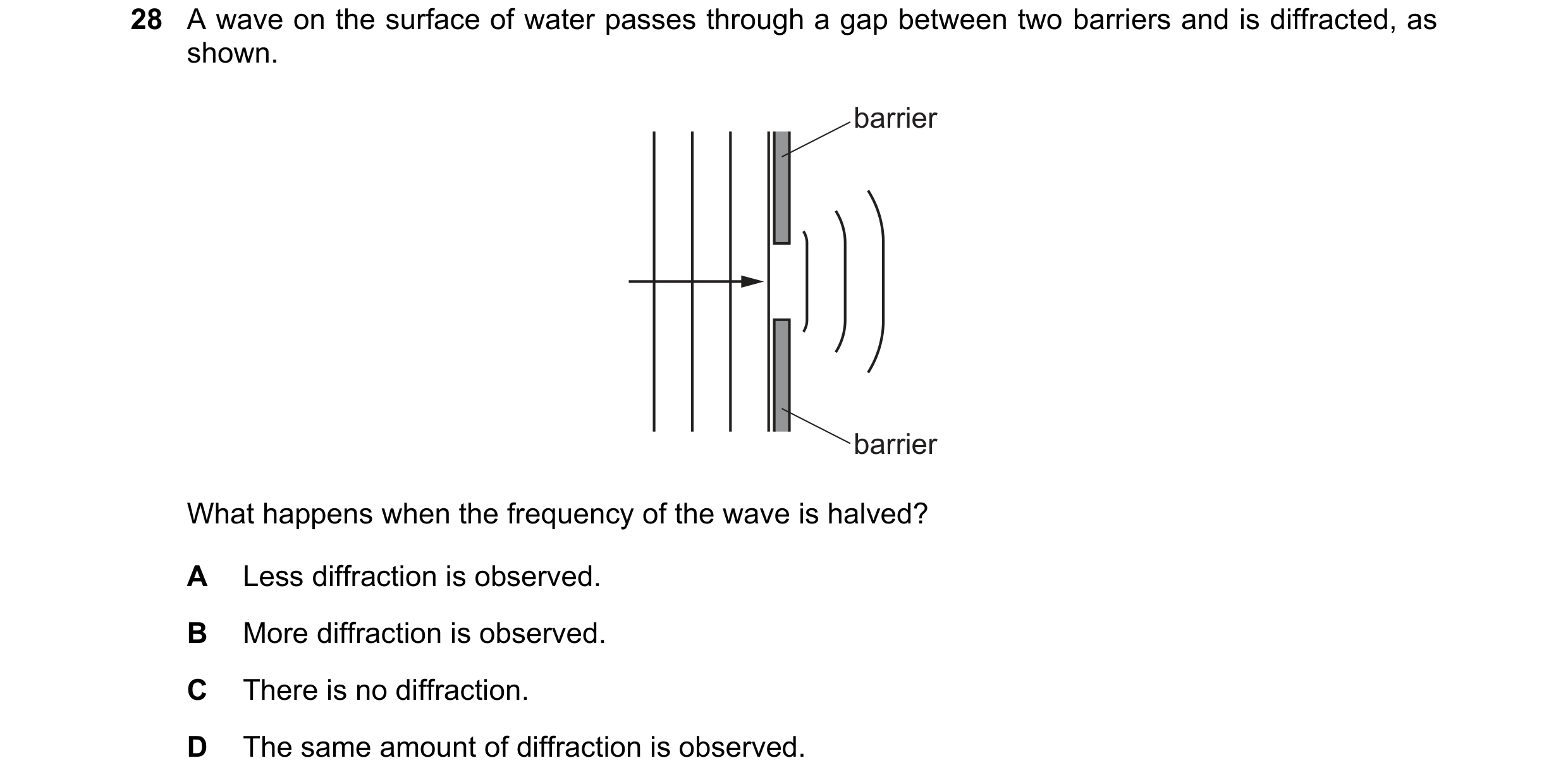 Question 55: A wave on the surface of water passes through a gap between two barriers and is diffracted, as shown. barrier barrier What happens when the…