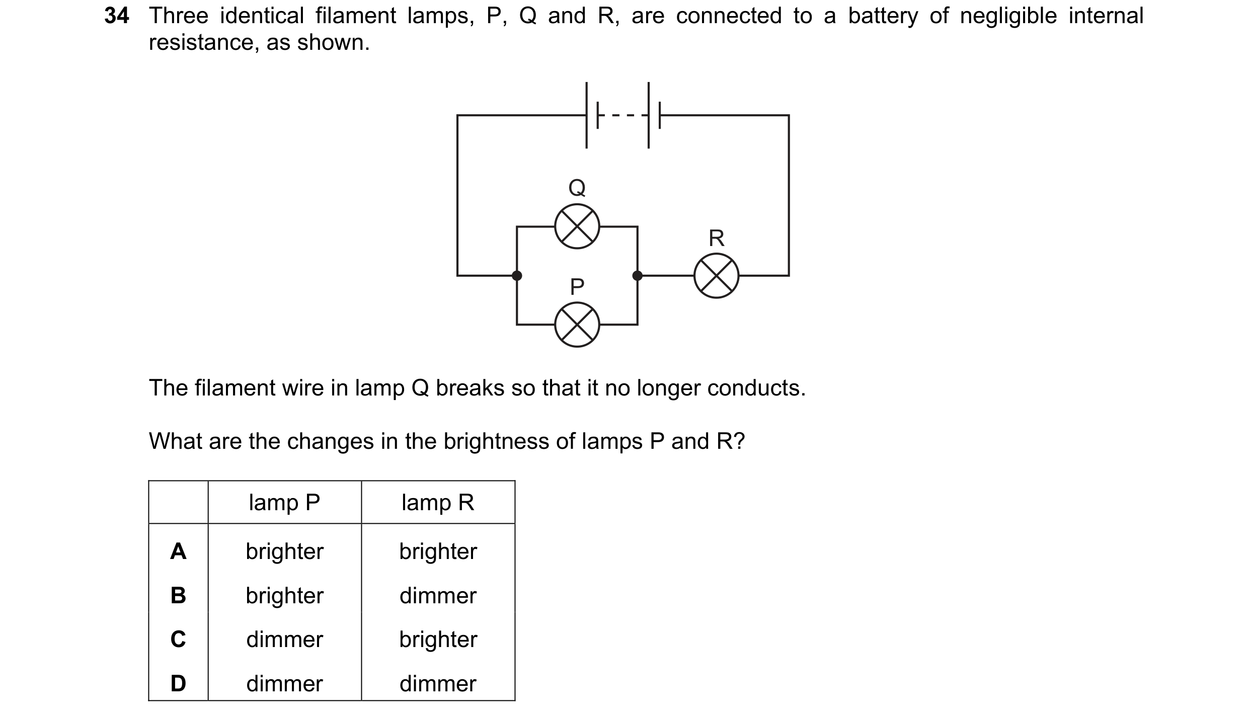 Question 181: Three identical filament lamps, P, Q and R, are connected to a battery of negligible internal resistance, as shown. Q R P The filament wire…