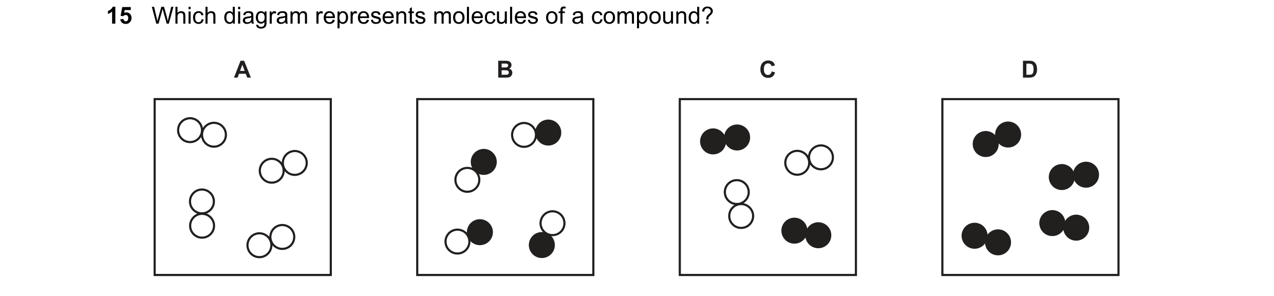 Question 12: Which diagram represents molecules of a compound? A B C D