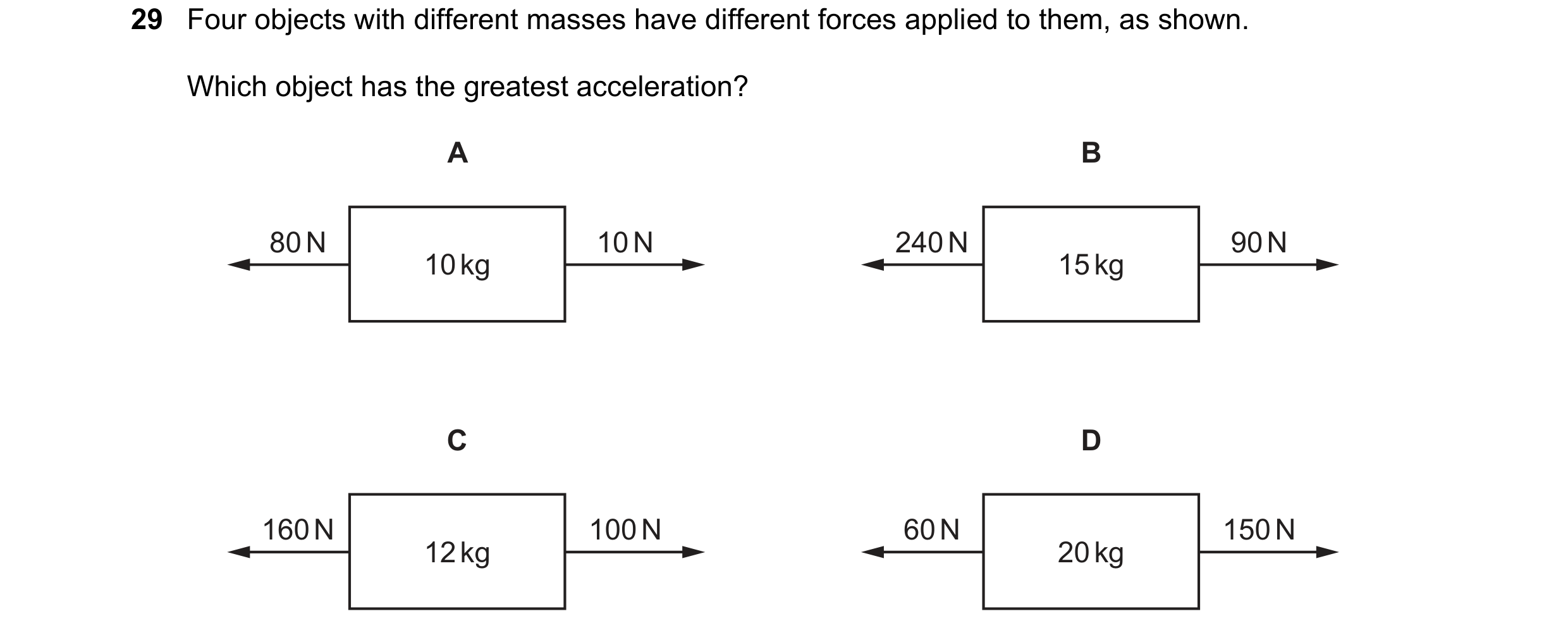 Question 33: Four objects with different masses have different forces applied to them, as shown. Which object has the greatest acceleration? A B 80 N 10…