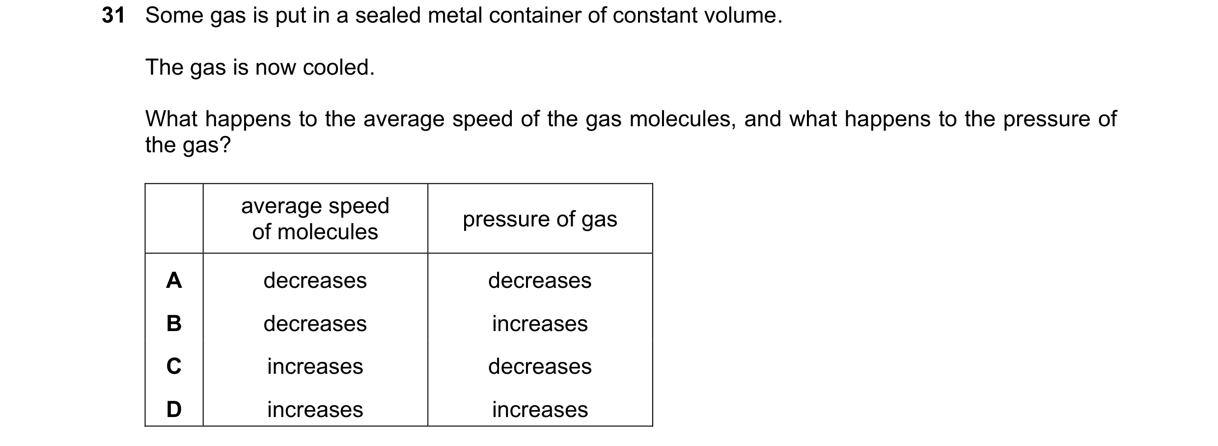 Question 19: Some gas is put in a sealed metal container of constant volume. The gas is now cooled. What happens to the average speed of the gas molecul…