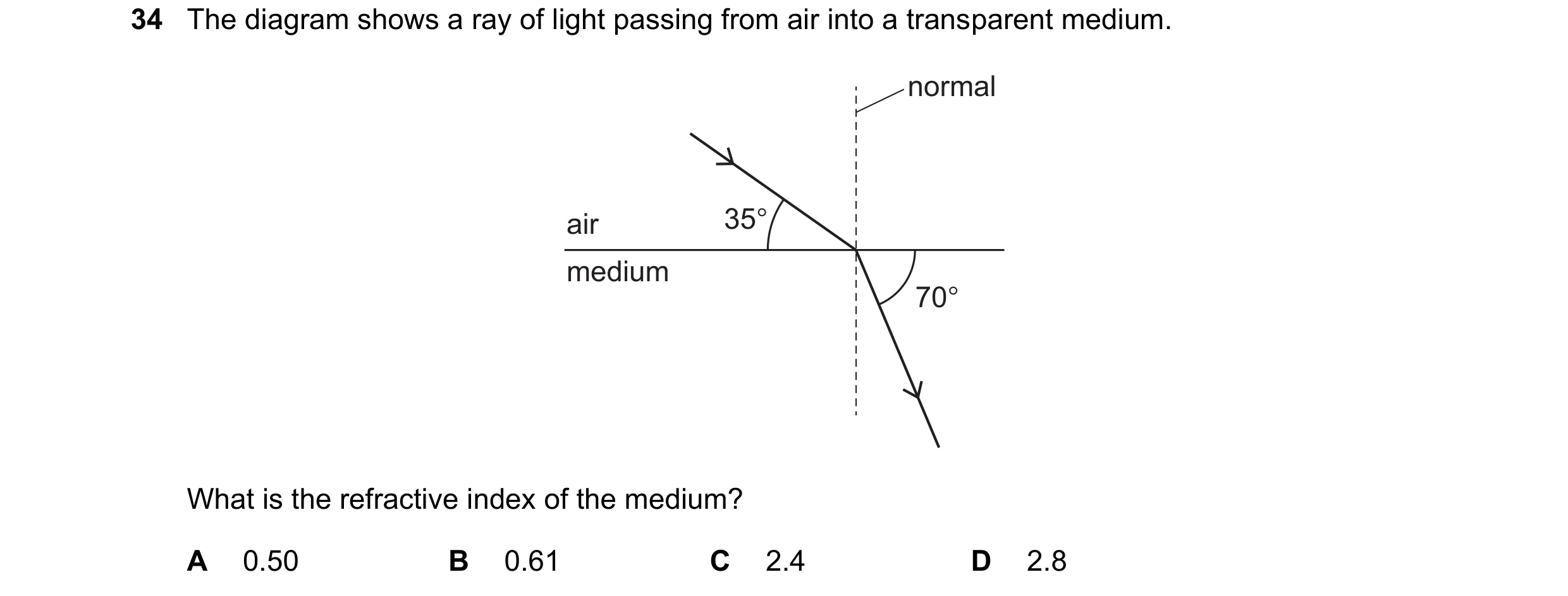 Question 40: The diagram shows a ray of light passing from air into a transparent medium. normal air 35° medium 70° What is the refractive index of the …