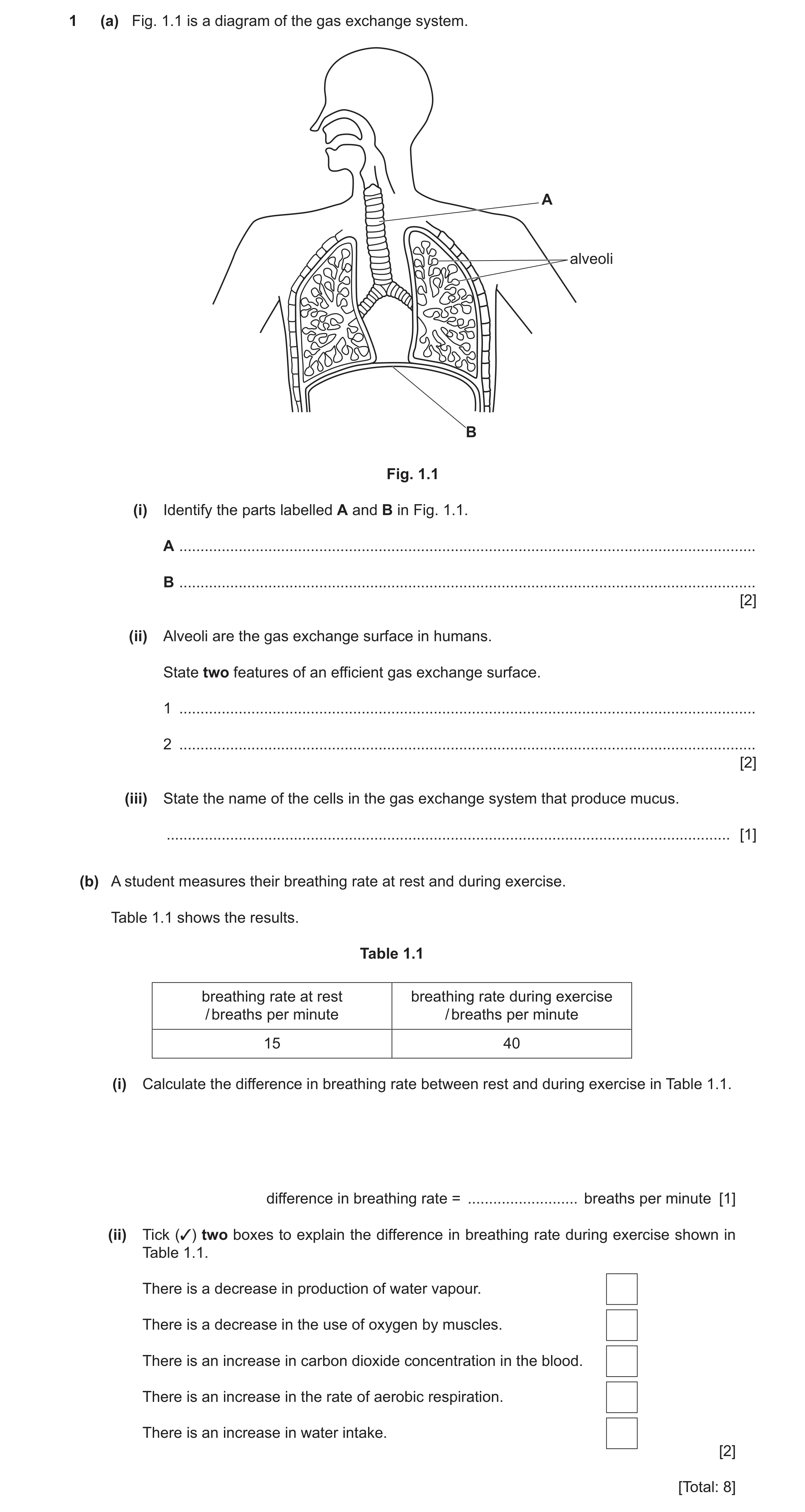 Question 17: (a) Fig. 1.1 is a diagram of the gas exchange system. A alveoli B Fig. 1.1 (i) Identify the parts labelled A and B in Fig. 1.1. A .........…