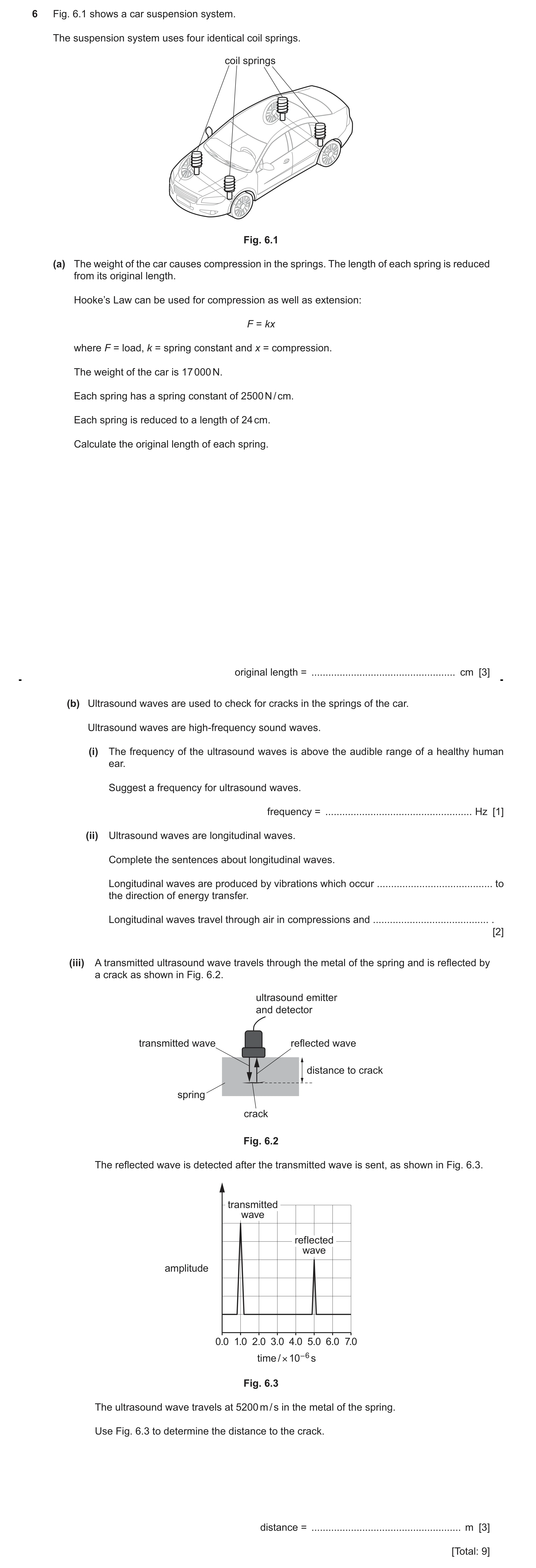 Question 22: Fig. 6.1 shows a car suspension system. The suspension system uses four identical coil springs. coil springs Fig. 6.1 (a) The weight of the…