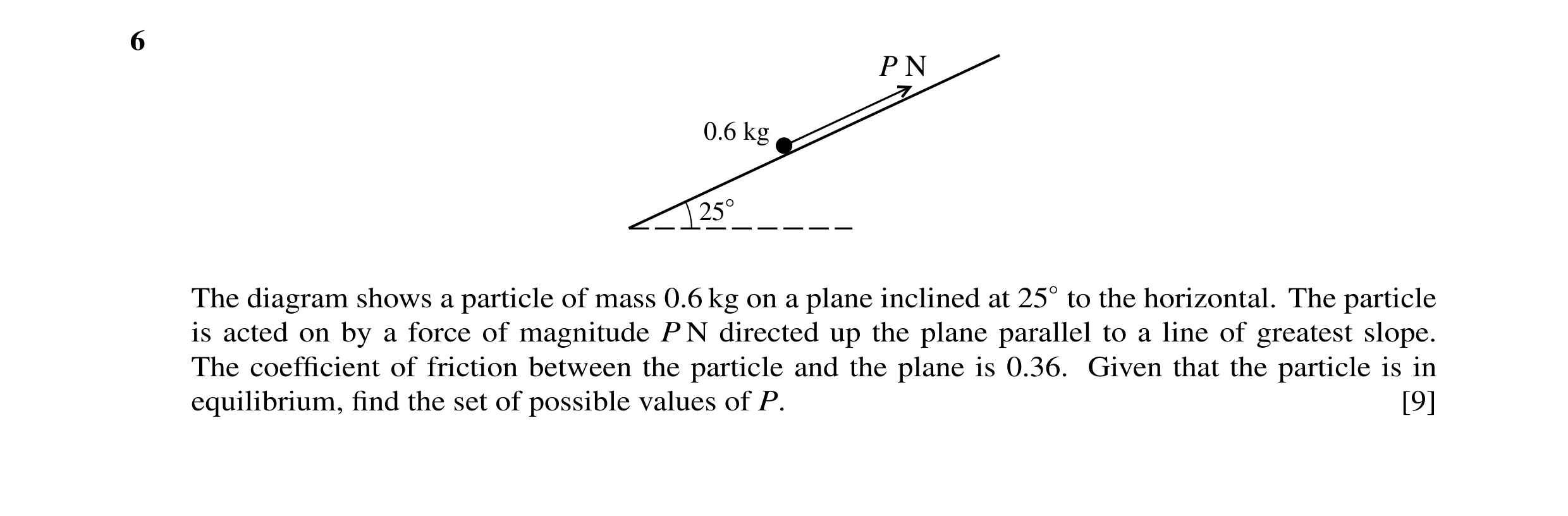 Question 58: P N 0.6 kg 25° The diagram shows a particle of mass 0.6 kg on a plane inclined at 25◦to the horizontal. The particle is acted on by a force…