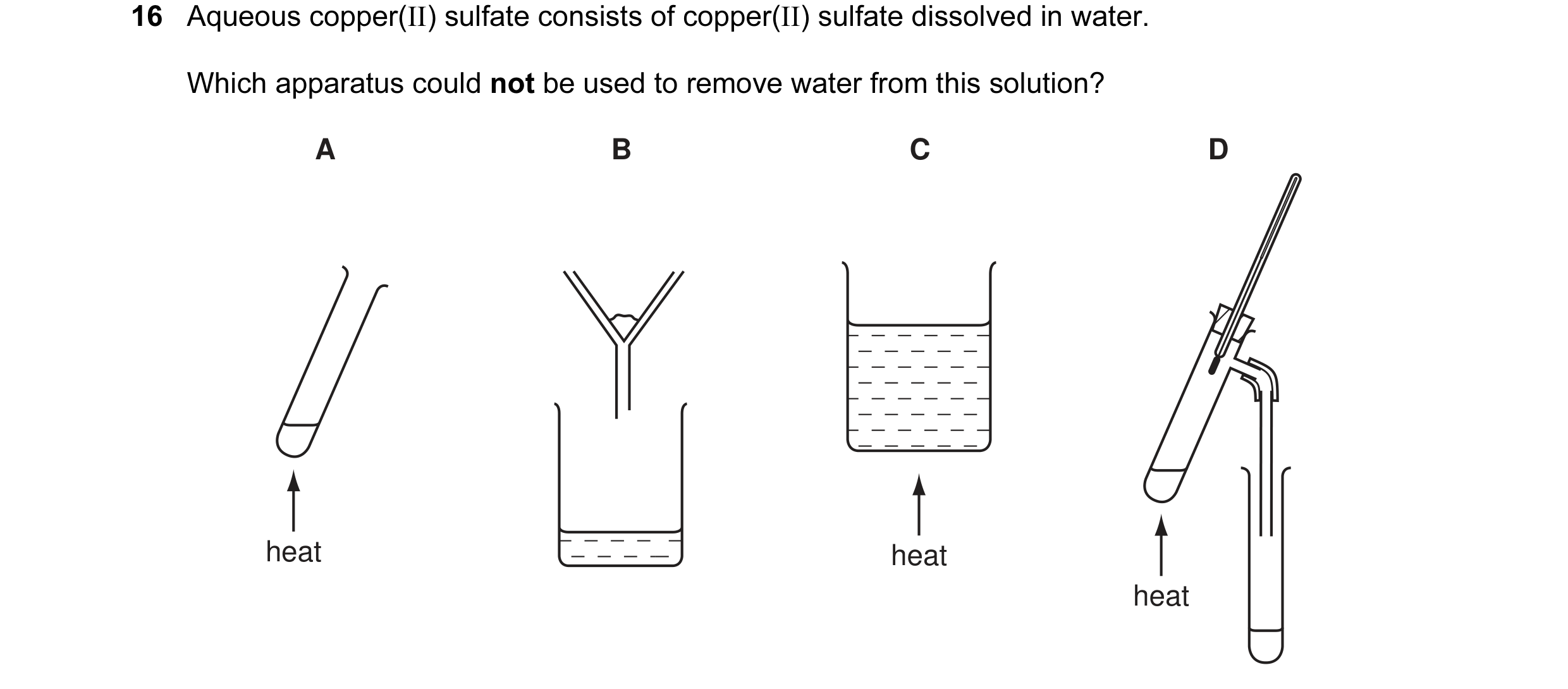 Question 11: Aqueous copper(II) sulfate consists of copper(II) sulfate dissolved in water. Which apparatus could not be used to remove water from this s…