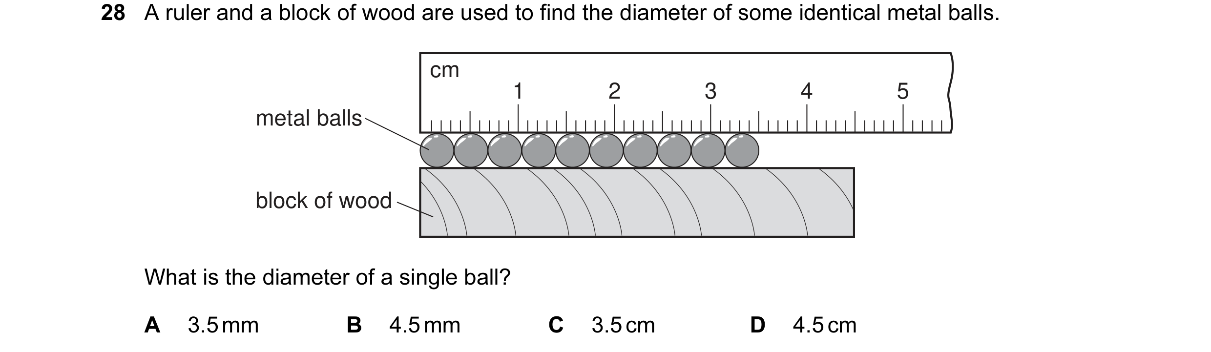 Question 14: A ruler and a block of wood are used to find the diameter of some identical metal balls. cm 1 2 3 4 5 metal balls block of wood What is the…