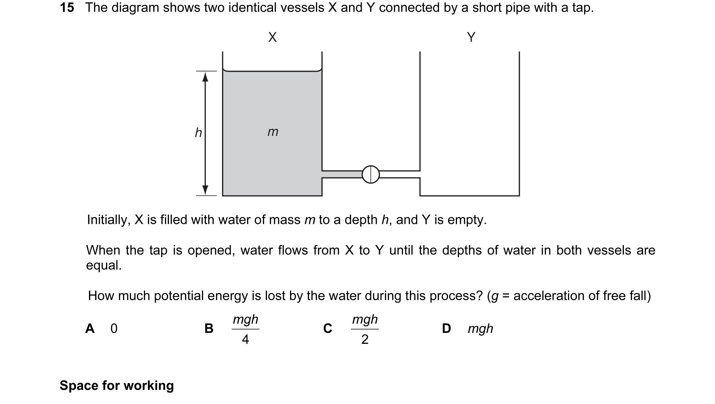 Question 15: The diagram shows two identical vessels X and Y connected by a short pipe with a tap. X Y h m Initially, X is filled with water of mass m t…
