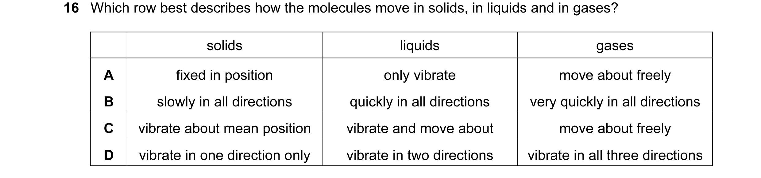 Question 8: Which row best describes how the molecules move in solids, in liquids and in gases? solids liquids gases A fixed in position only vibrate m…