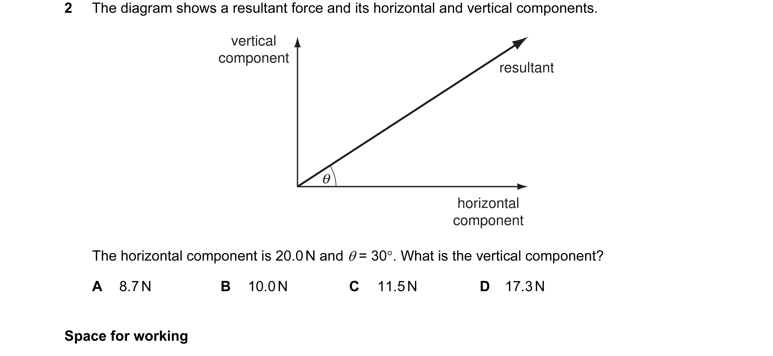 Question 7: The diagram shows a resultant force and its horizontal and vertical components. vertical component resultant θ horizontal component The hor…