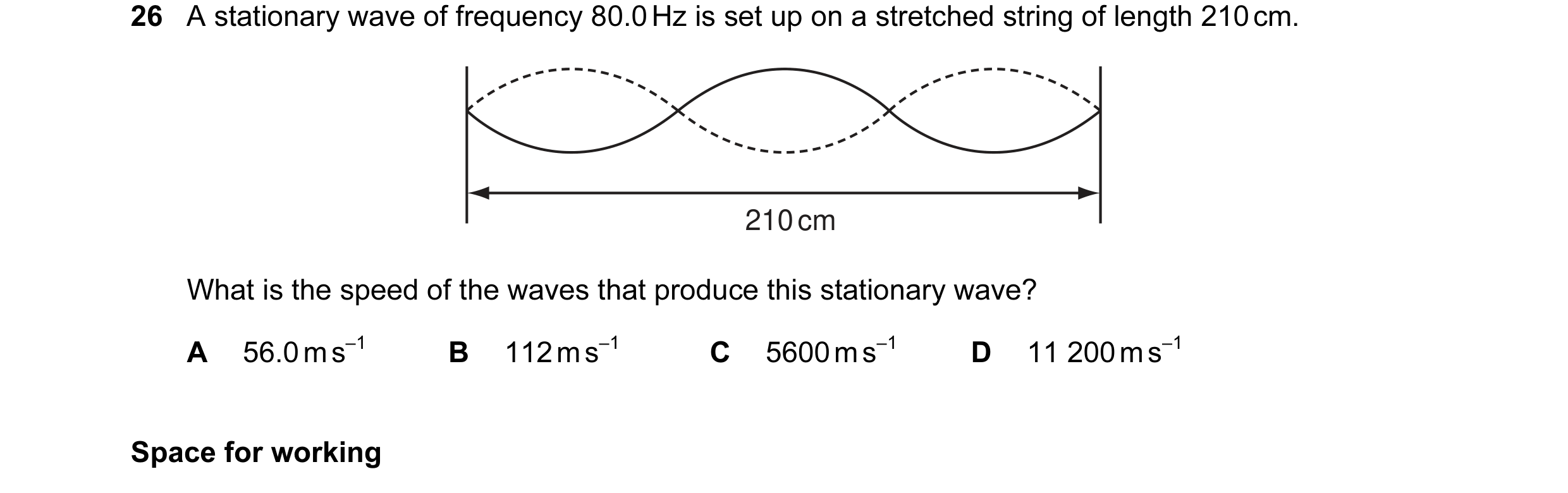Question 11: A stationary wave of frequency 80.0 Hz is set up on a stretched string of length 210 cm. 210 cm What is the speed of the waves that produce…