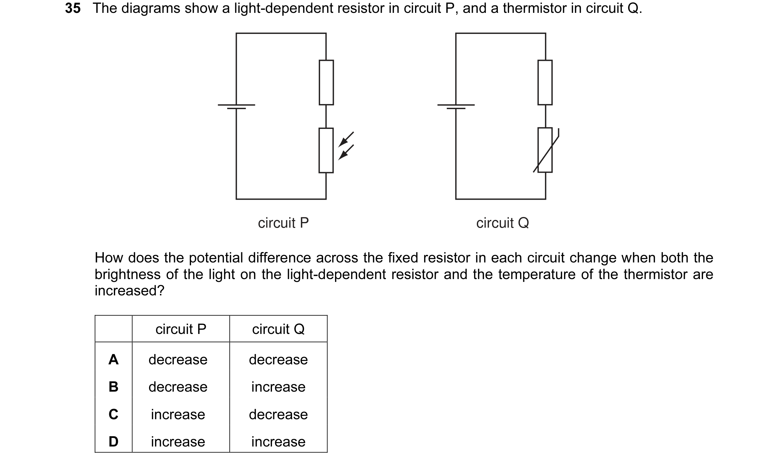 Question 12: The diagrams show a light-dependent resistor in circuit P, and a thermistor in circuit Q. circuit P circuit Q How does the potential differ…