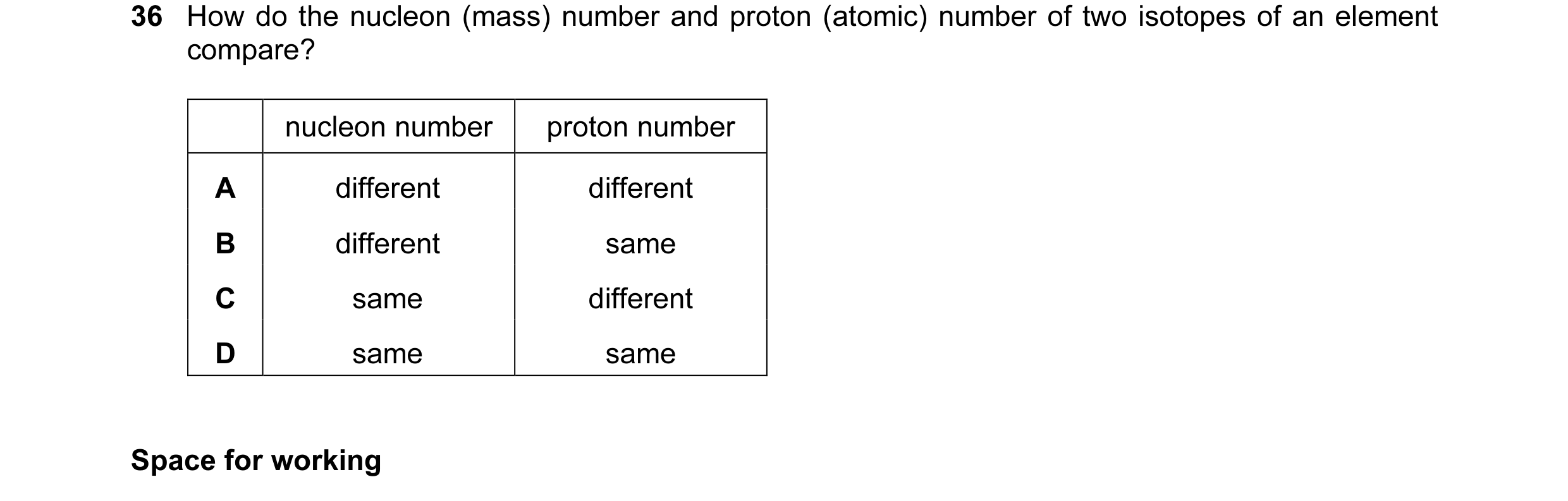 Question 16: How do the nucleon (mass) number and proton (atomic) number of two isotopes of an element compare? nucleon number proton number A different…