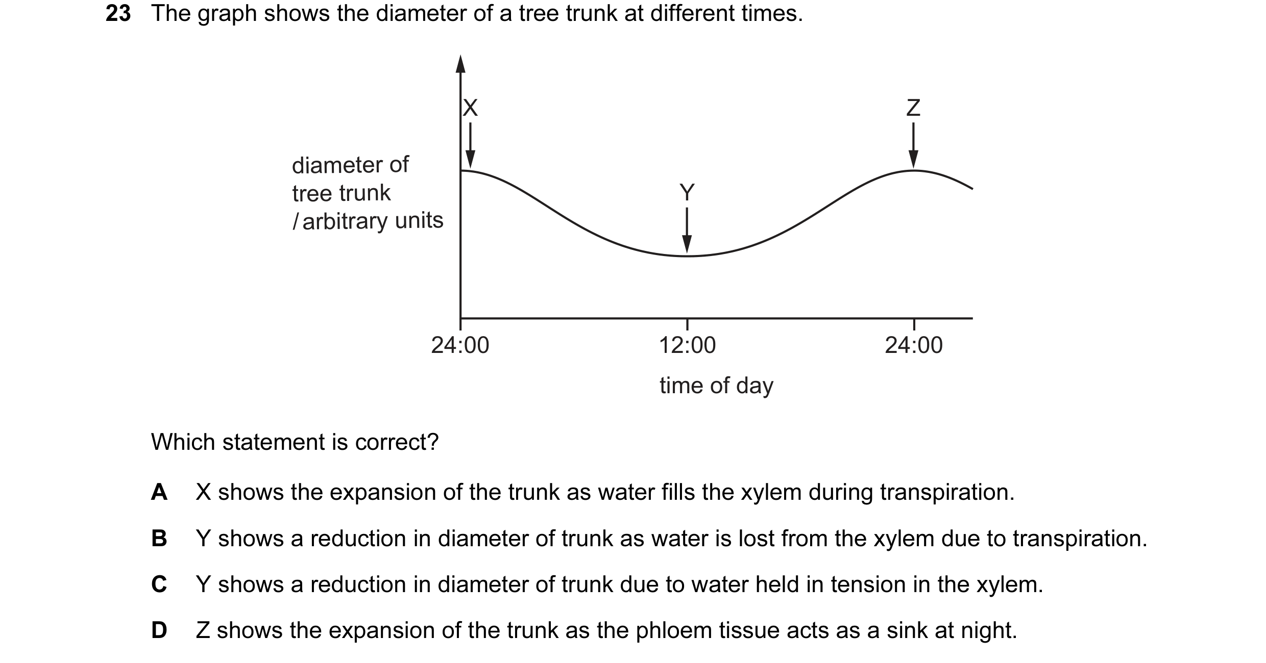 Question 136: The graph shows the diameter of a tree trunk at different times. X Z diameter of tree trunk Y / arbitrary units 24:00 12:00 24:00 time of d…