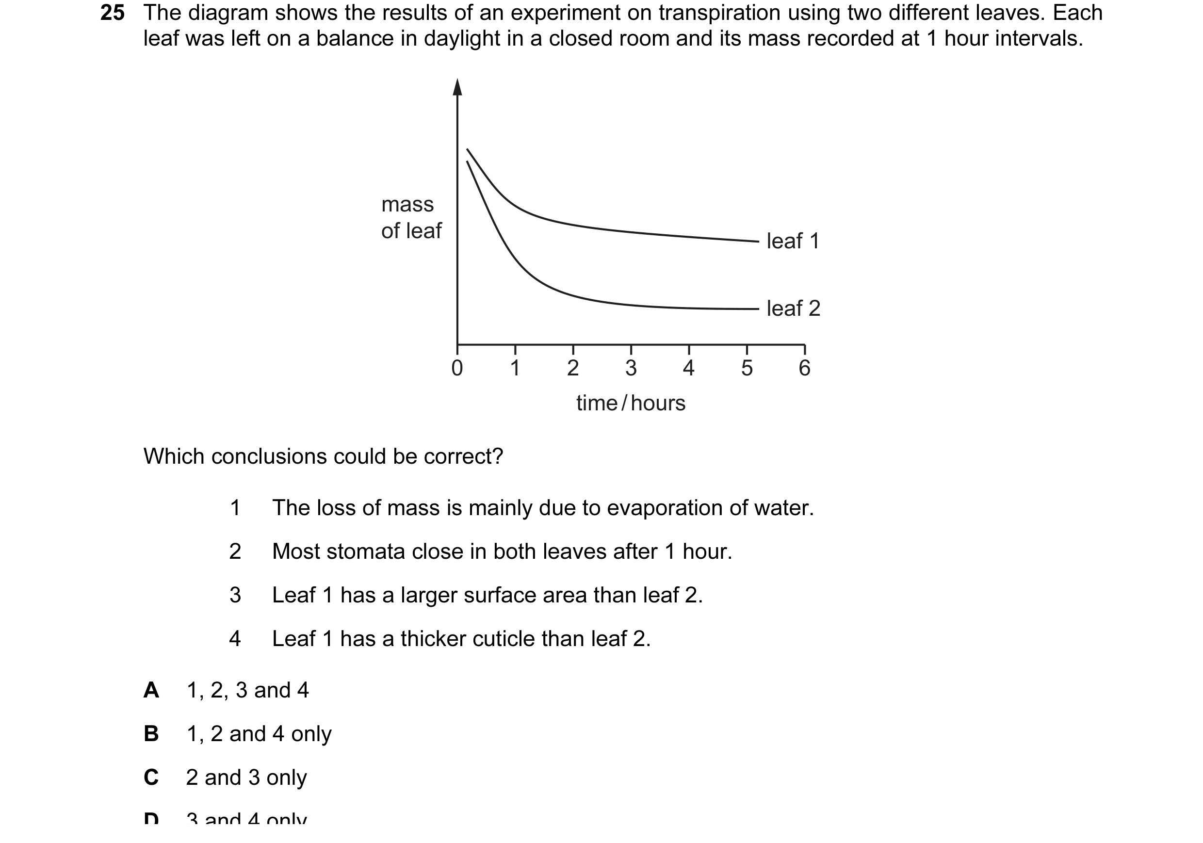 Question 138: The diagram shows the results of an experiment on transpiration using two different leaves. Each leaf was left on a balance in daylight in …
