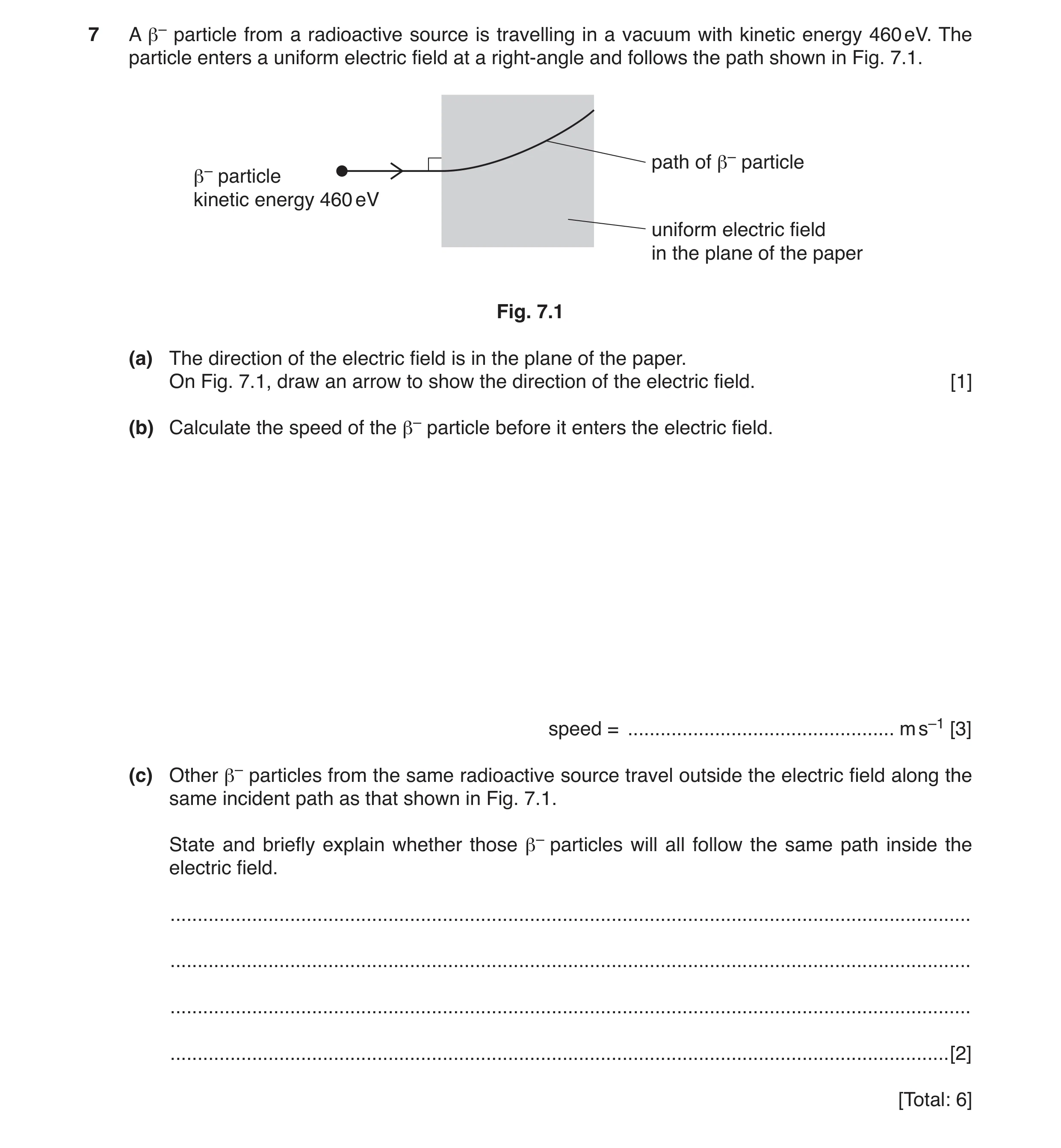 Question 5: A β– particle from a radioactive source is travelling in a vacuum with kinetic energy 460 eV. The particle enters a uniform electric field …