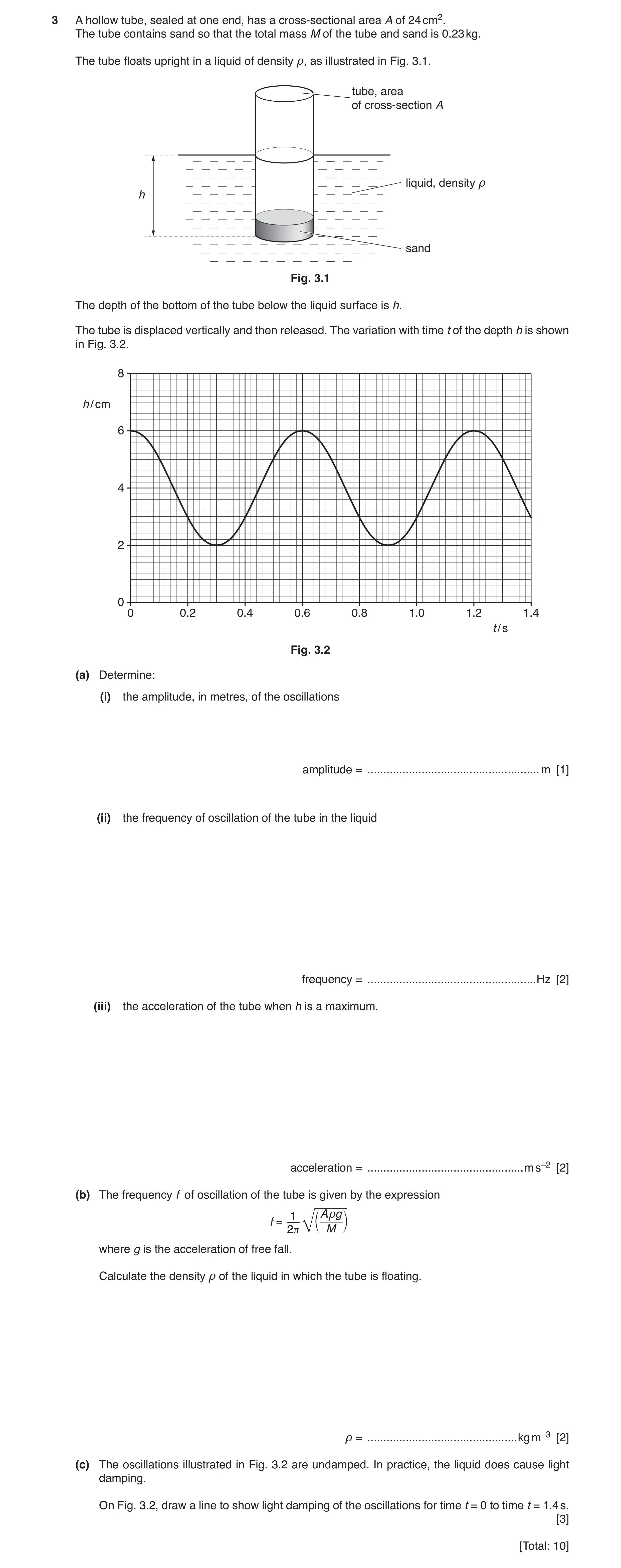 Question 16: A hollow tube, sealed at one end, has a cross-sectional area A of 24 cm2. The tube contains sand so that the total mass M of the tube and s…