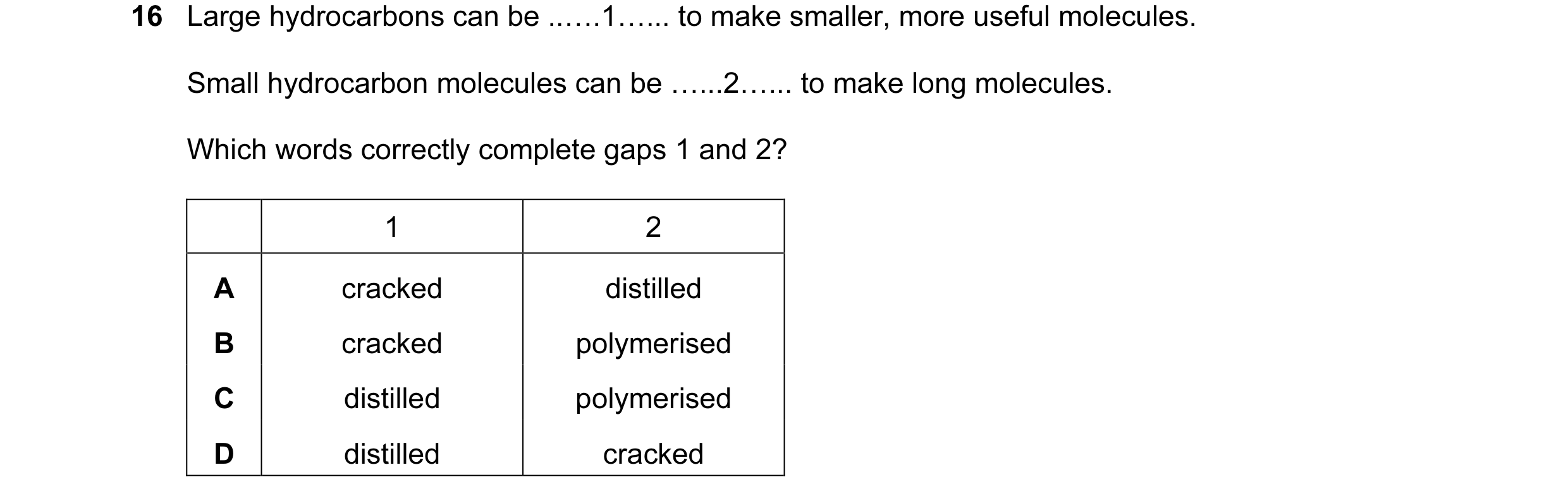 Question 5: Large hydrocarbons can be ..….1…... to make smaller, more useful molecules. Small hydrocarbon molecules can be …...2…... to make long molec…