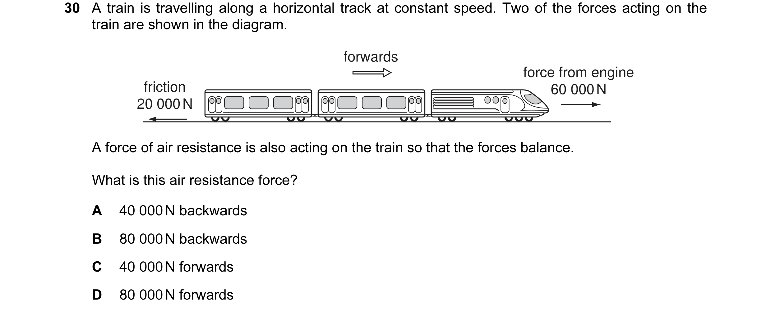 Question 4: A train is travelling along a horizontal track at constant speed. Two of the forces acting on the train are shown in the diagram. forwards …