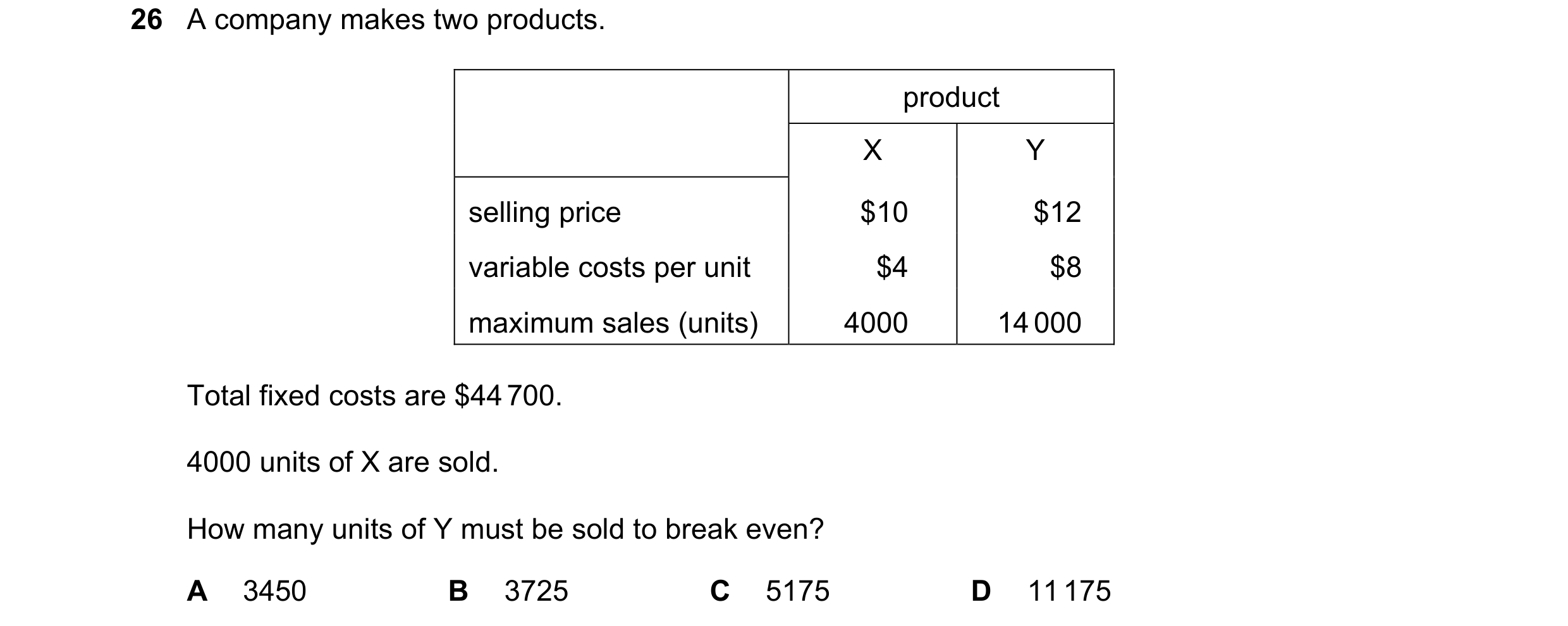 Question 345: A company makes two products. product X Y selling price $10 $12 variable costs per unit $4 $8 maximum sales (units) 4000 14 000 Total fixed…