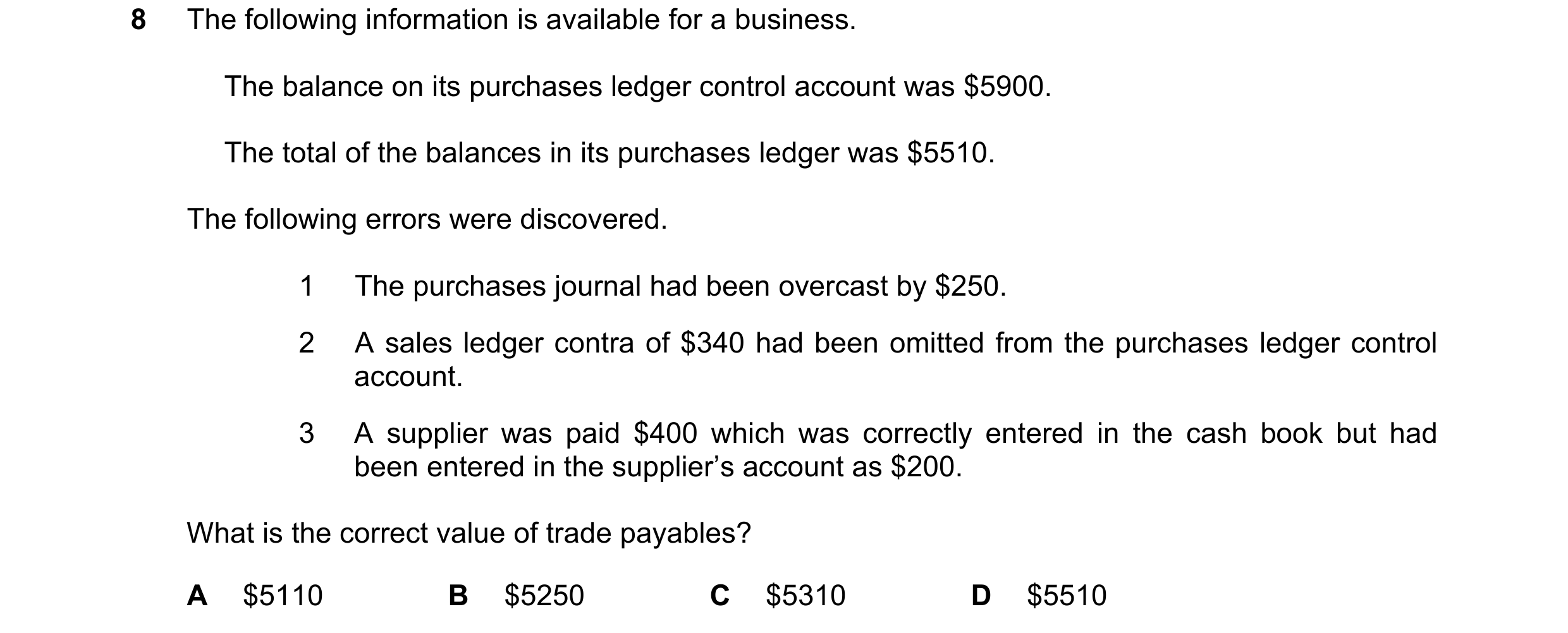 Question 244: The following information is available for a business. The balance on its purchases ledger control account was $5900. The total of the bala…