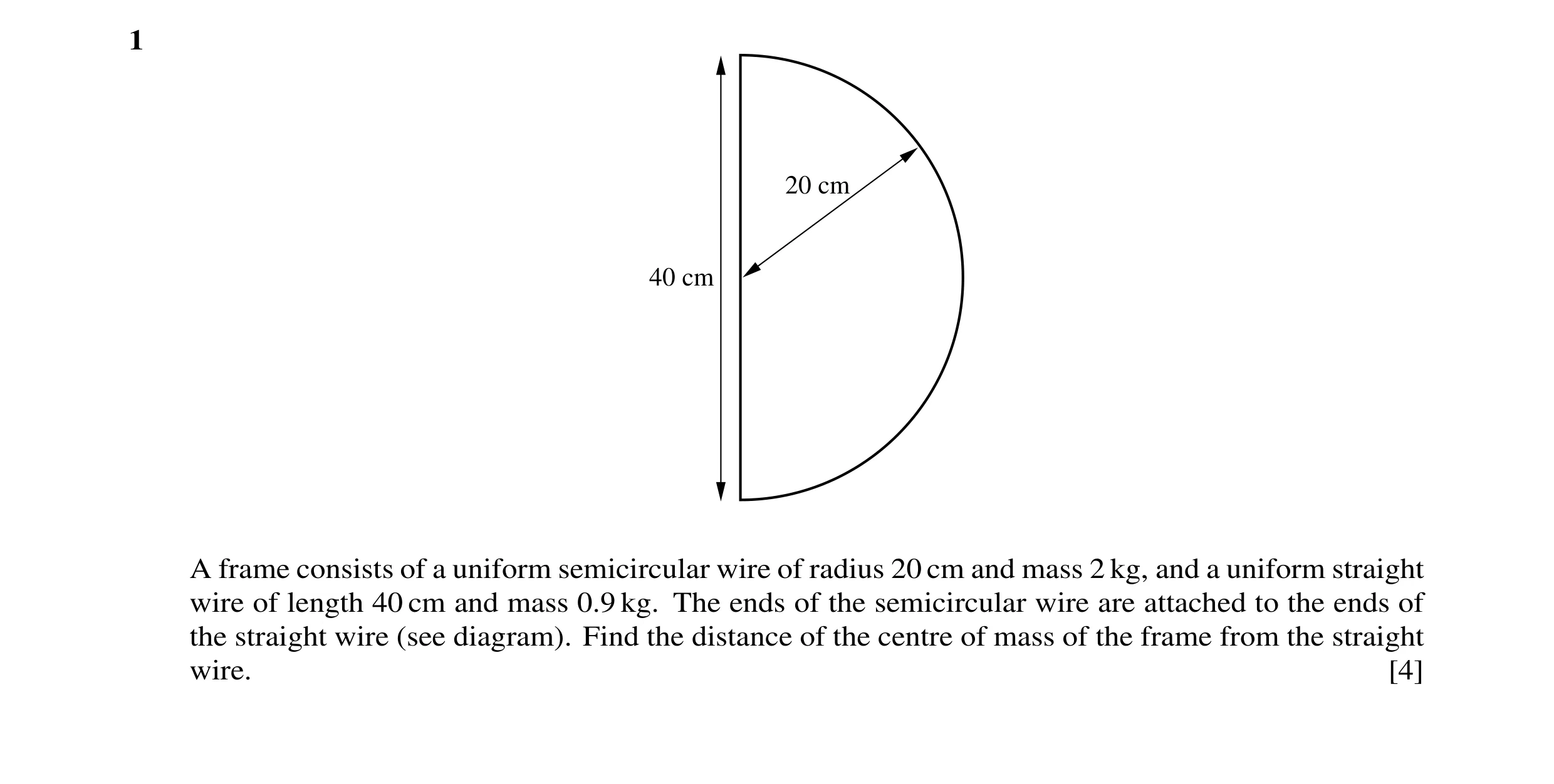 Question 34: 20 cm 40 cm A frame consists of a uniform semicircular wire of radius 20 cm and mass 2 kg, and a uniform straight wire of length 40 cm and …