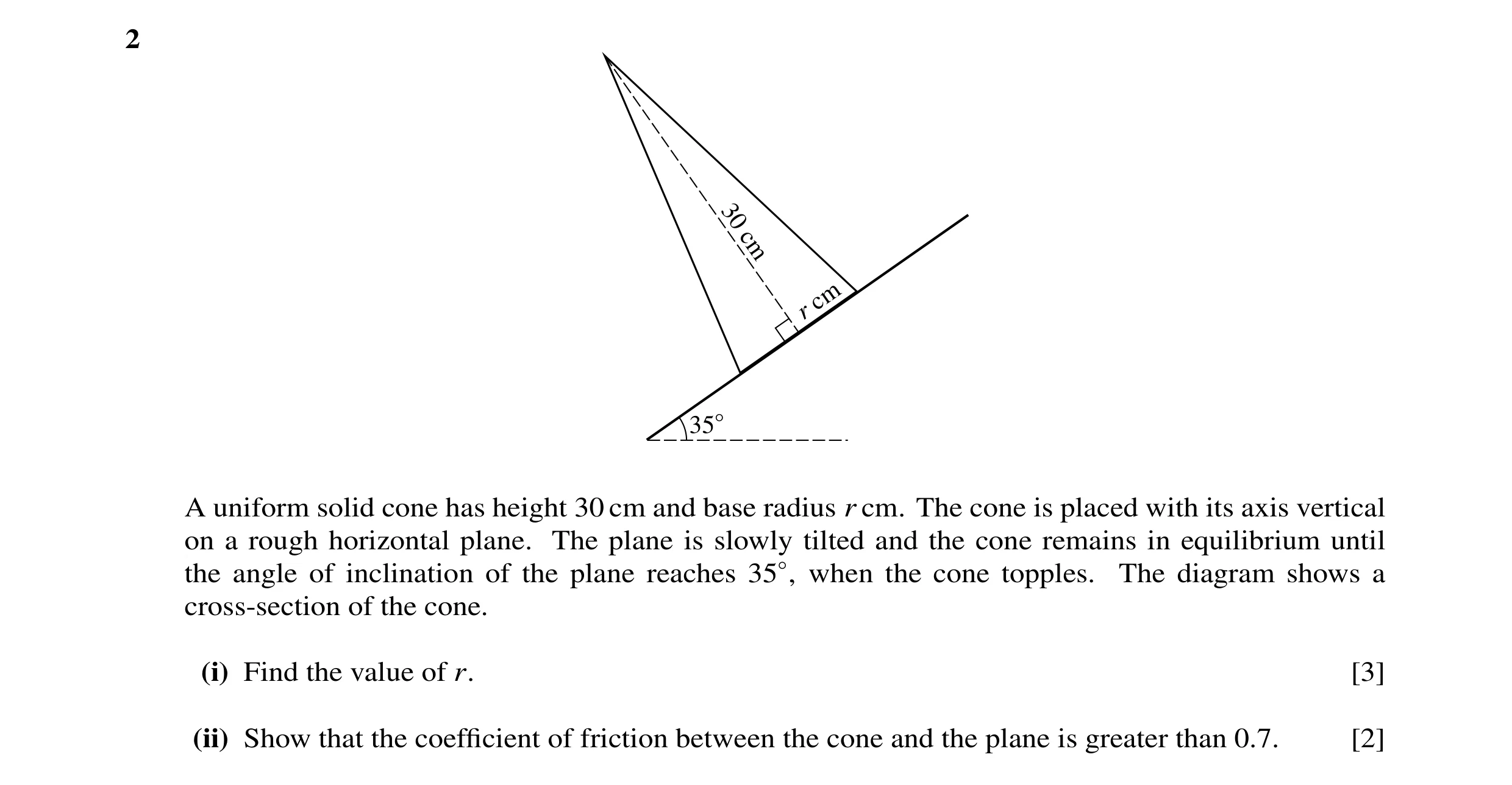 Question 4: 30 cm cm r 35° A uniform solid cone has height 30 cm and base radius r cm. The cone is placed with its axis vertical on a rough horizontal …