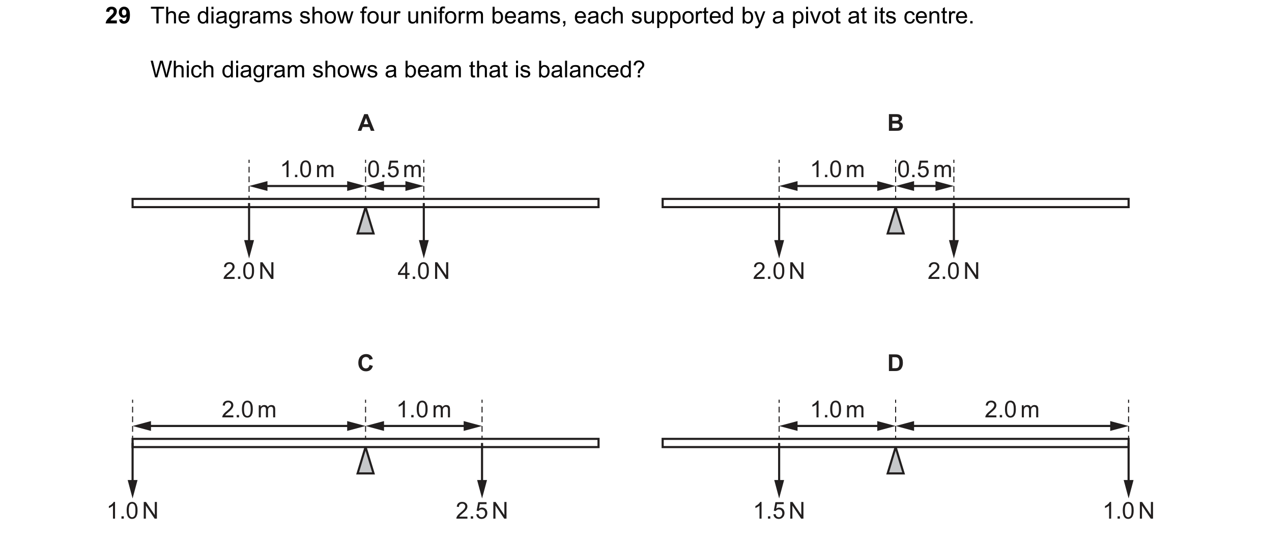 Question 18: The diagrams show four uniform beams, each supported by a pivot at its centre. Which diagram shows a beam that is balanced? A B 1.0 m 0.5 m…