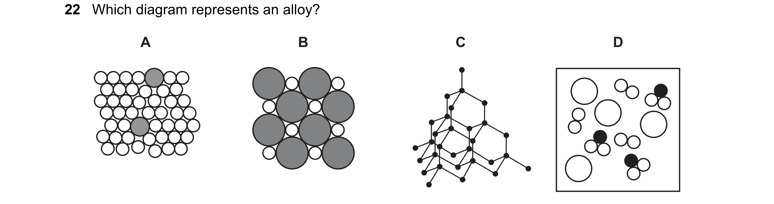 Question 2: Which diagram represents an alloy? A B C D