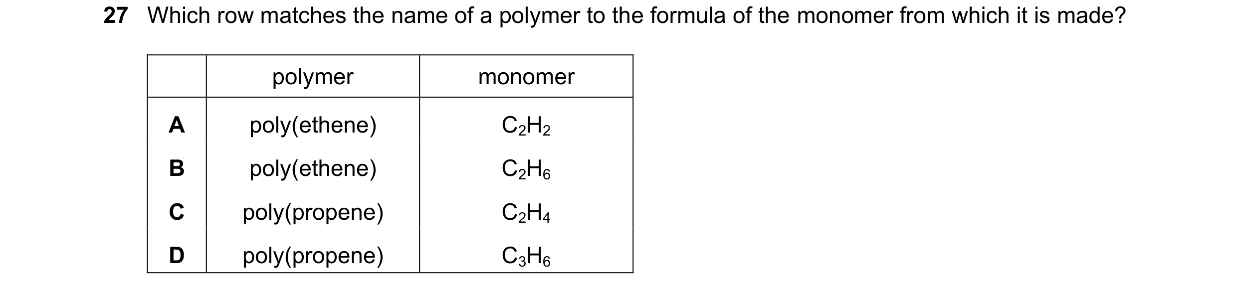 Question 11: Which row matches the name of a polymer to the formula of the monomer from which it is made? polymer monomer A poly(ethene) C2H2 B poly(eth…