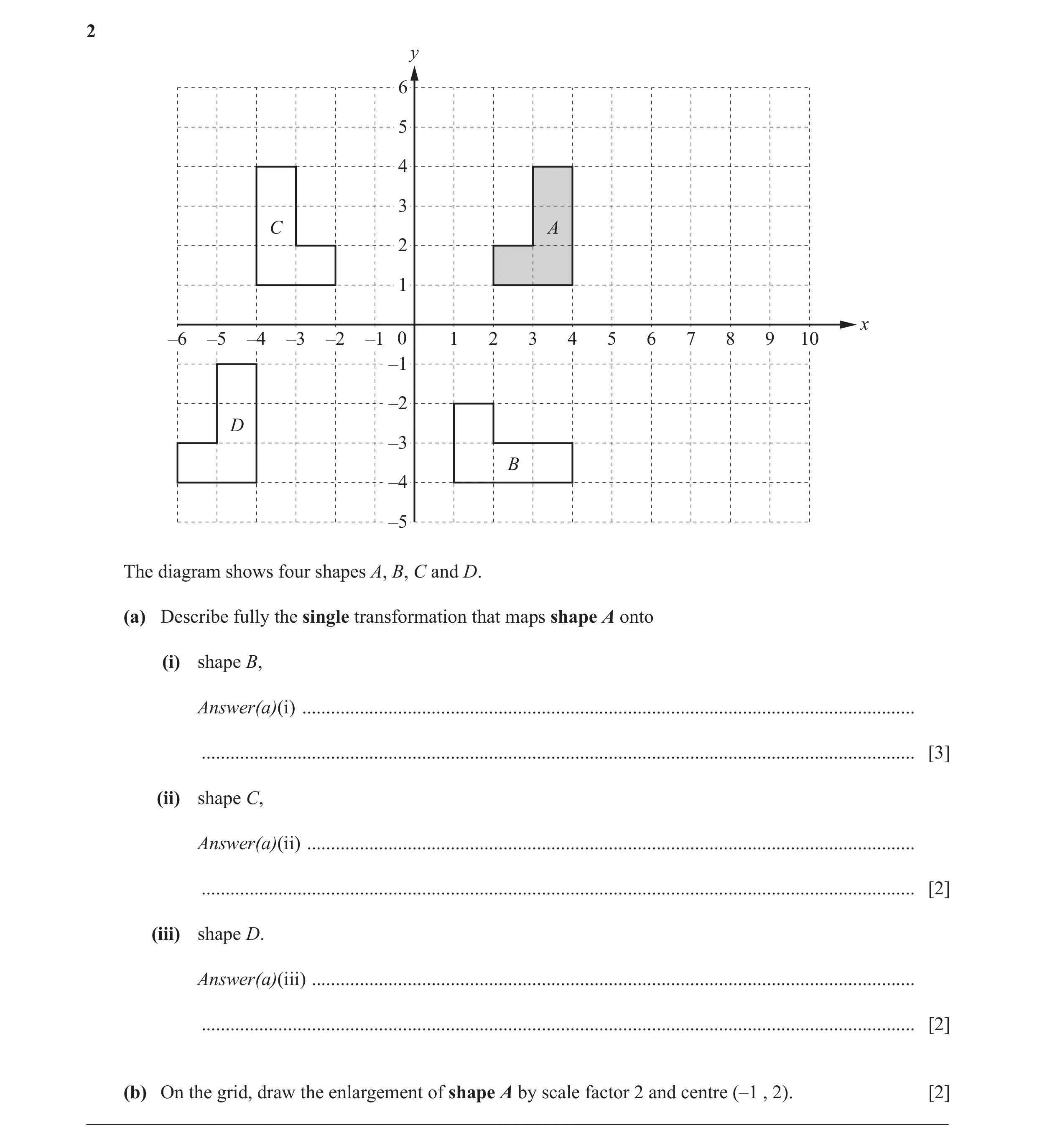Question 34: y 6 5 4 3 C A 2 1 x –6 –5 –4 –3 –2 –1 0 1 2 3 4 5 6 7 8 9 10 –1 –2 D –3 B –4 –5 The diagram shows four shapes A, B, C and D. (a) Describe f…