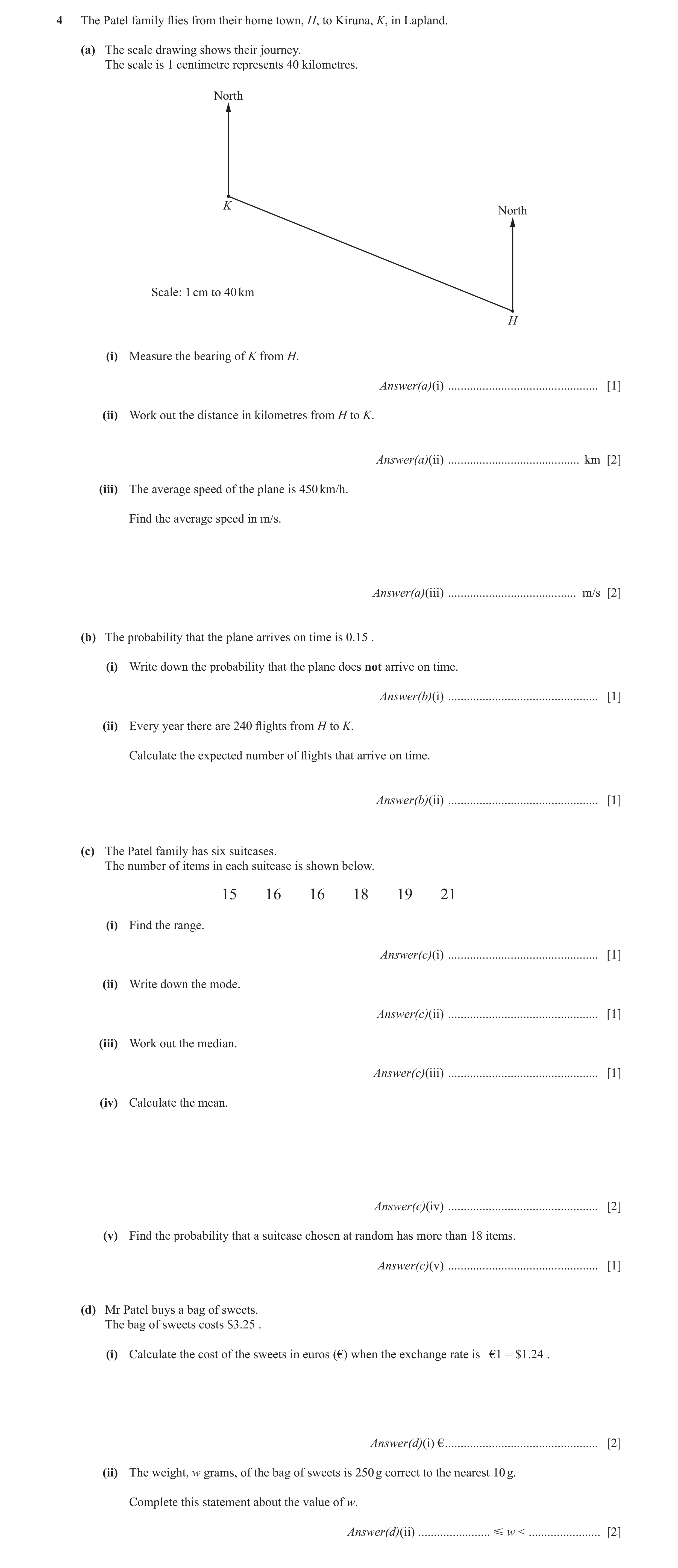 Question 31: The Patel family flies from their home town, H, to Kiruna, K, in Lapland. (a) The scale drawing shows their journey. The scale is 1 centime…