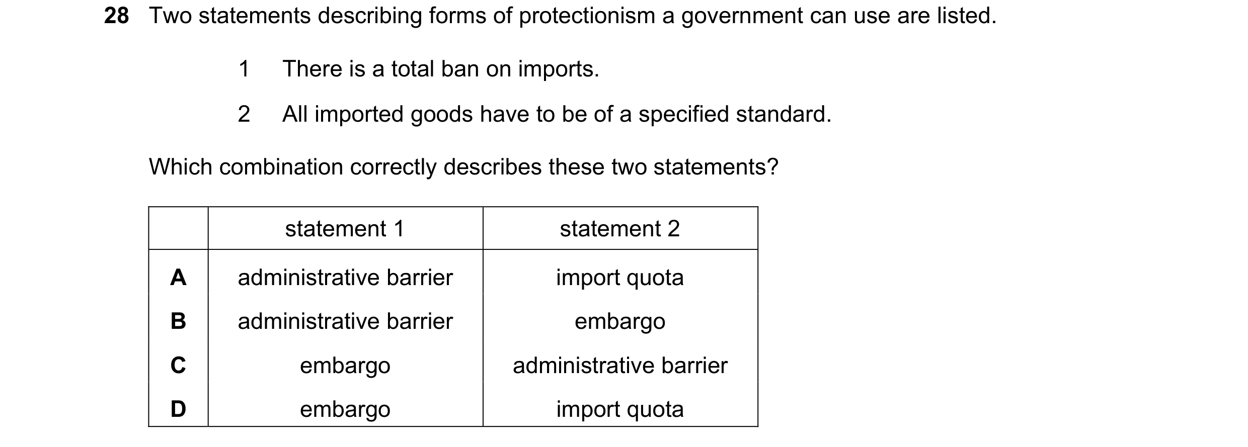 Question 164: Two statements describing forms of protectionism a government can use are listed. 1 There is a total ban on imports. 2 All imported goods h…