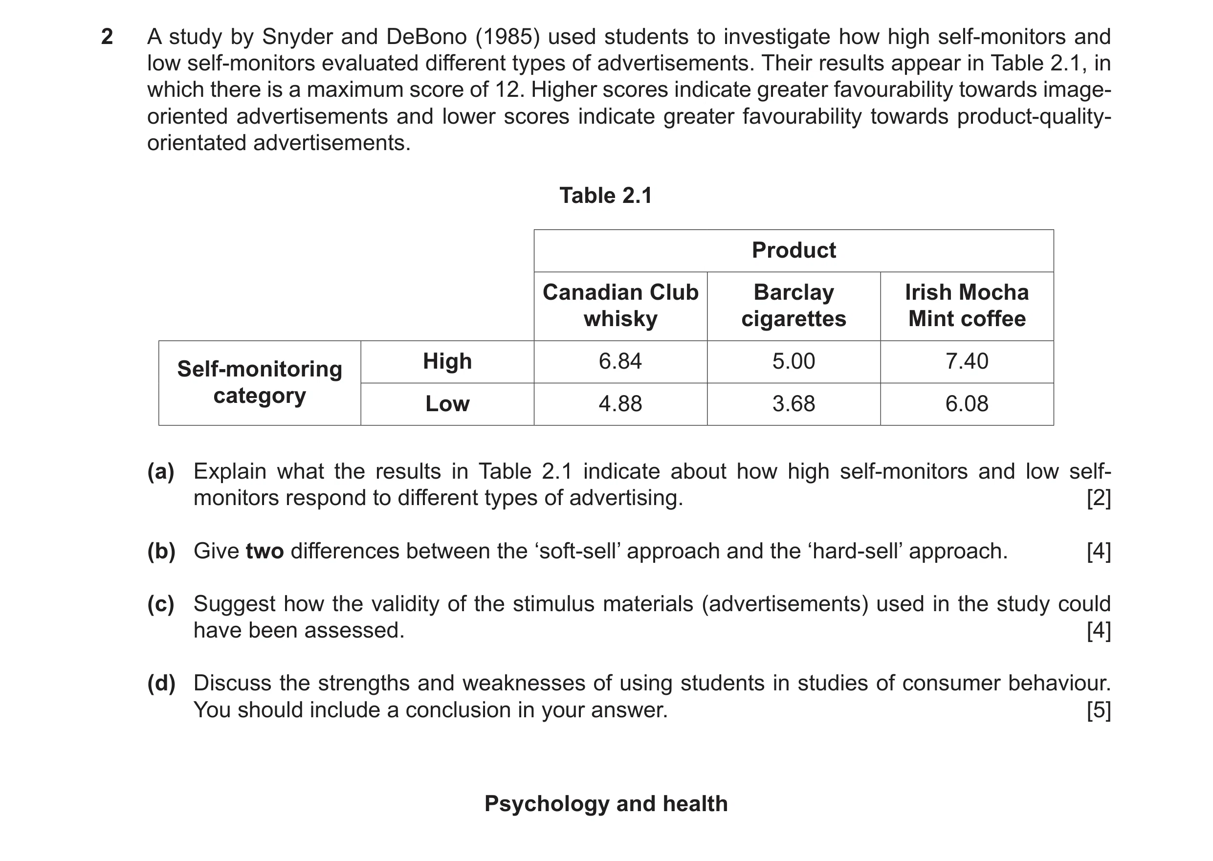 Question 6: A study by Snyder and DeBono (1985) used students to investigate how high self-monitors and low self-monitors evaluated different types of …