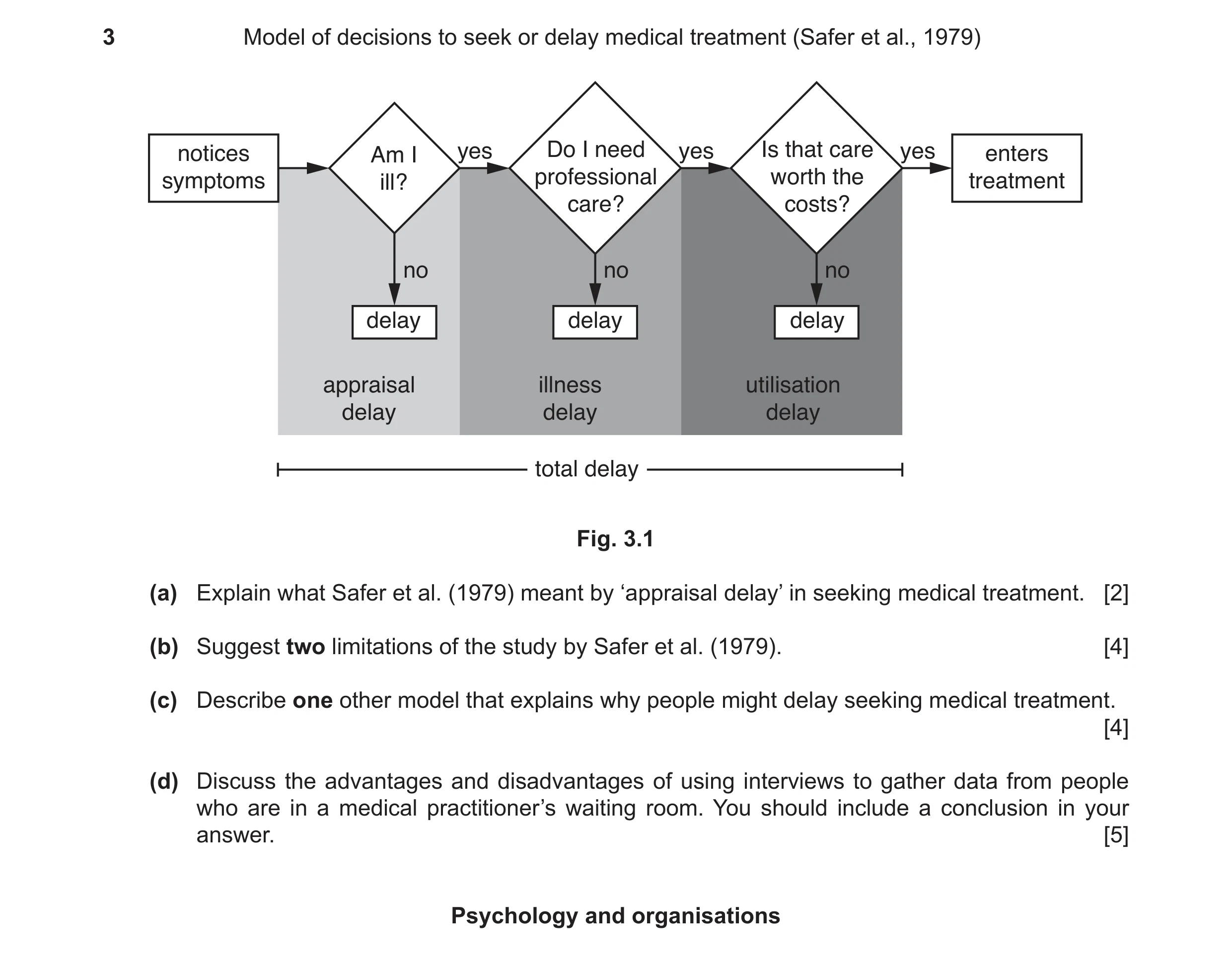 Question 8: Model of decisions to seek or delay medical treatment (Safer et al., 1979) notices Am I yes Do I need yes Is that care yes enters symptoms …