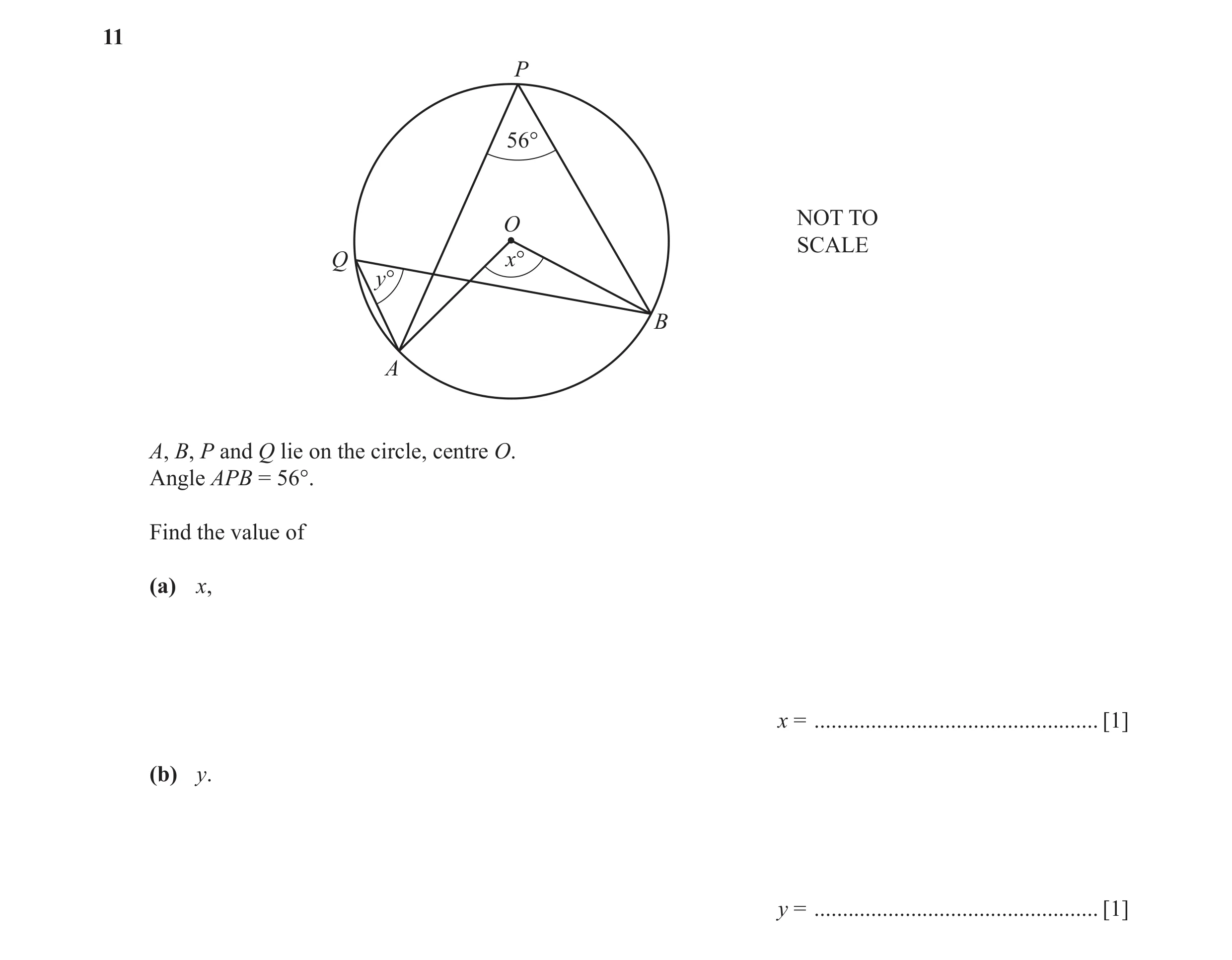 Question 9: P 56° O NOT TO SCALE Q x° y° B A A, B, P and Q lie on the circle, centre O. Angle APB = 56°. Find the value of (a) x, x = .................…