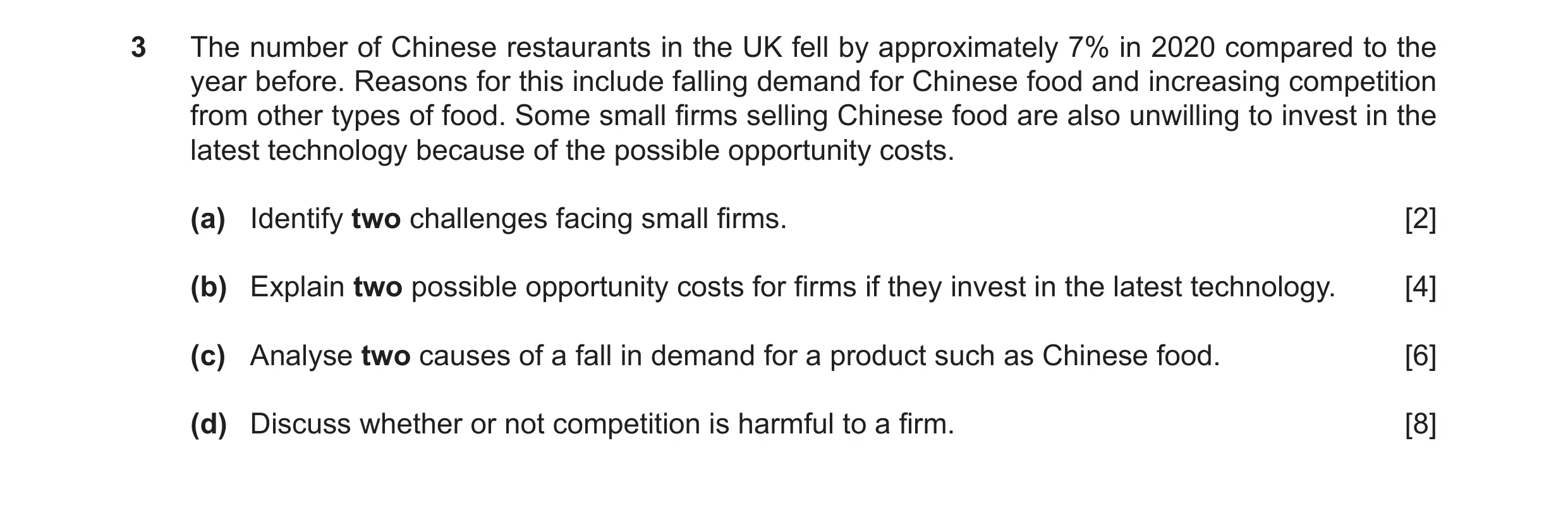 Question 32: The number of Chinese restaurants in the UK fell by approximately 7% in 2020 compared to the year before. Reasons for this include falling …